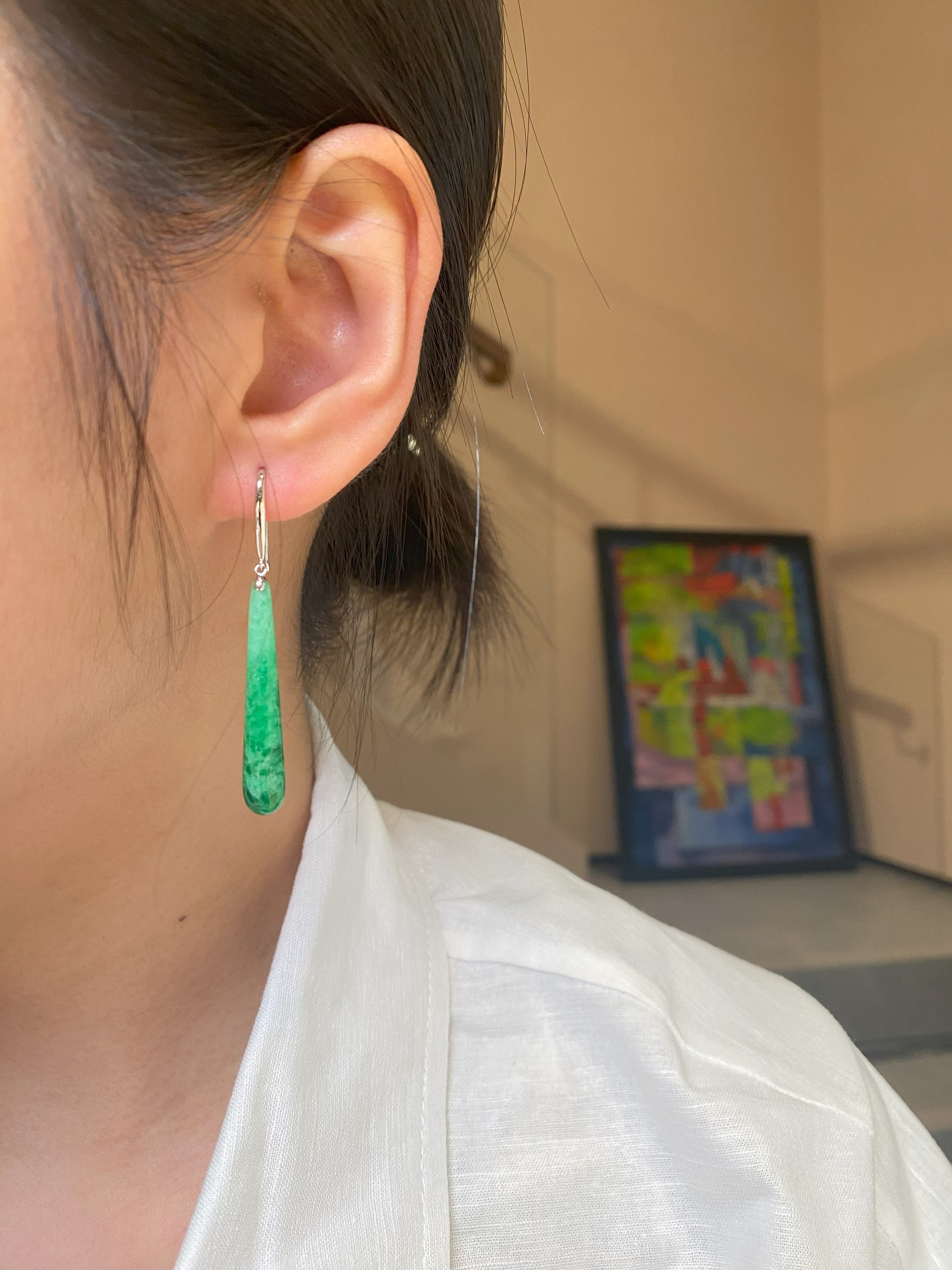 Gransky 18K White Gold and Diamonds Green Jade Drop Earrings