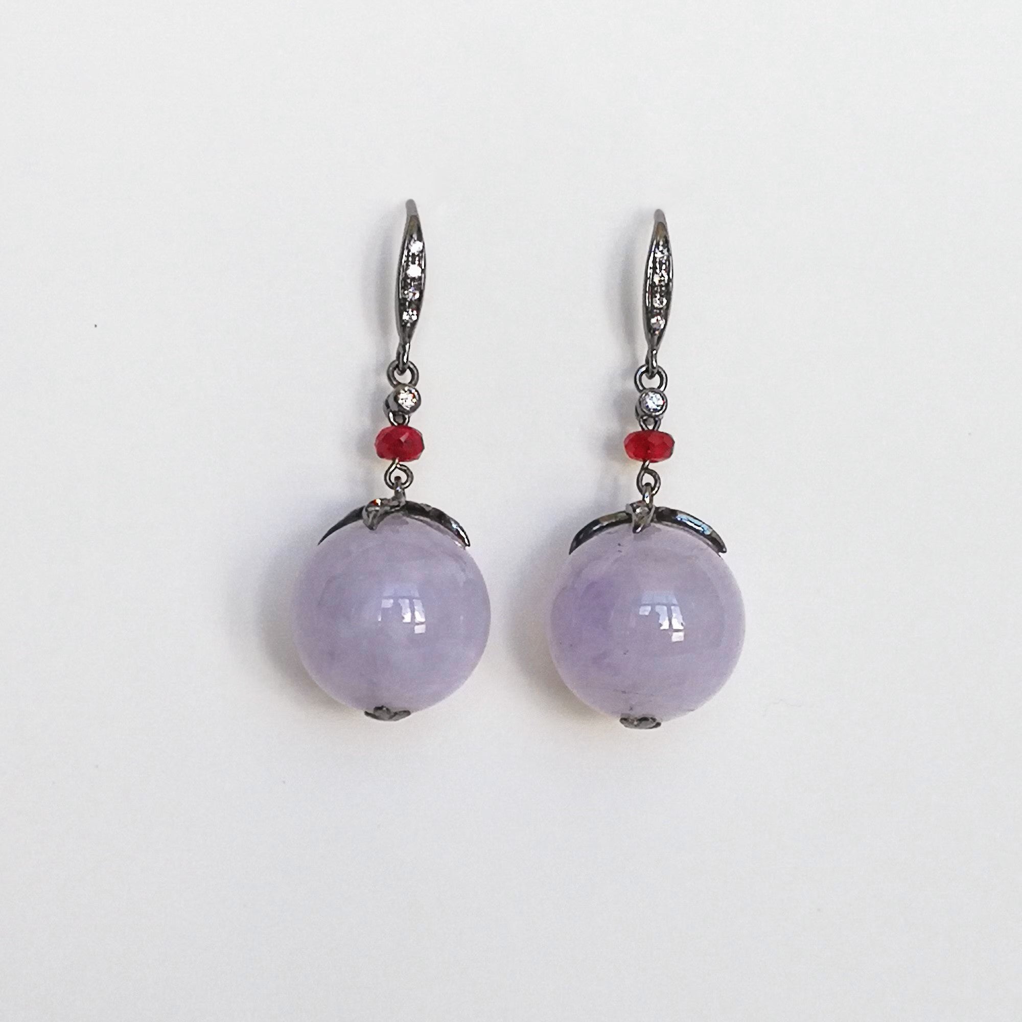Gransky 18K Gold Lavender Jade Jewelry Purple Jade Bead Earrings with Rubies