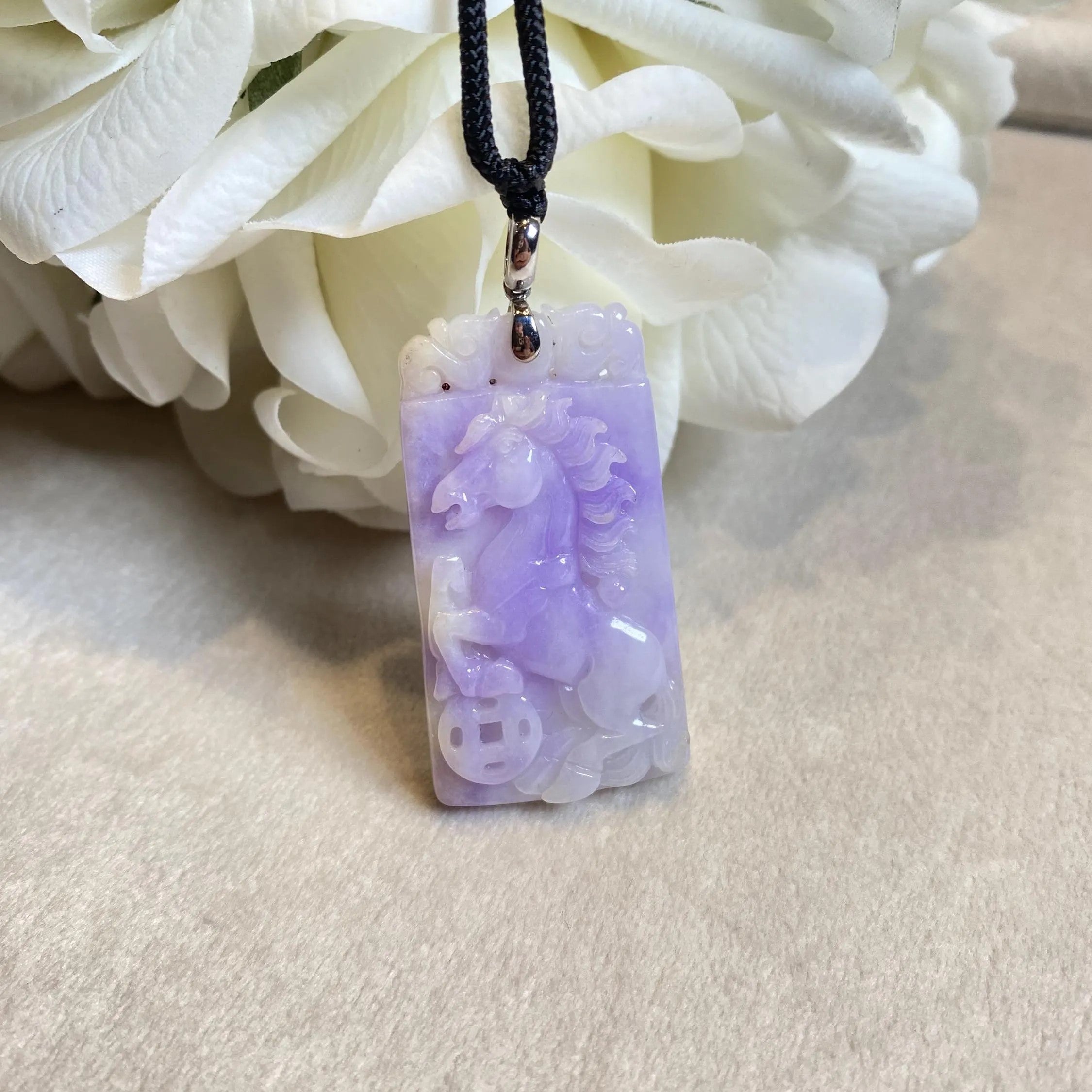 Handcrafted Purple Jade Horse Pendant in 18k White Gold