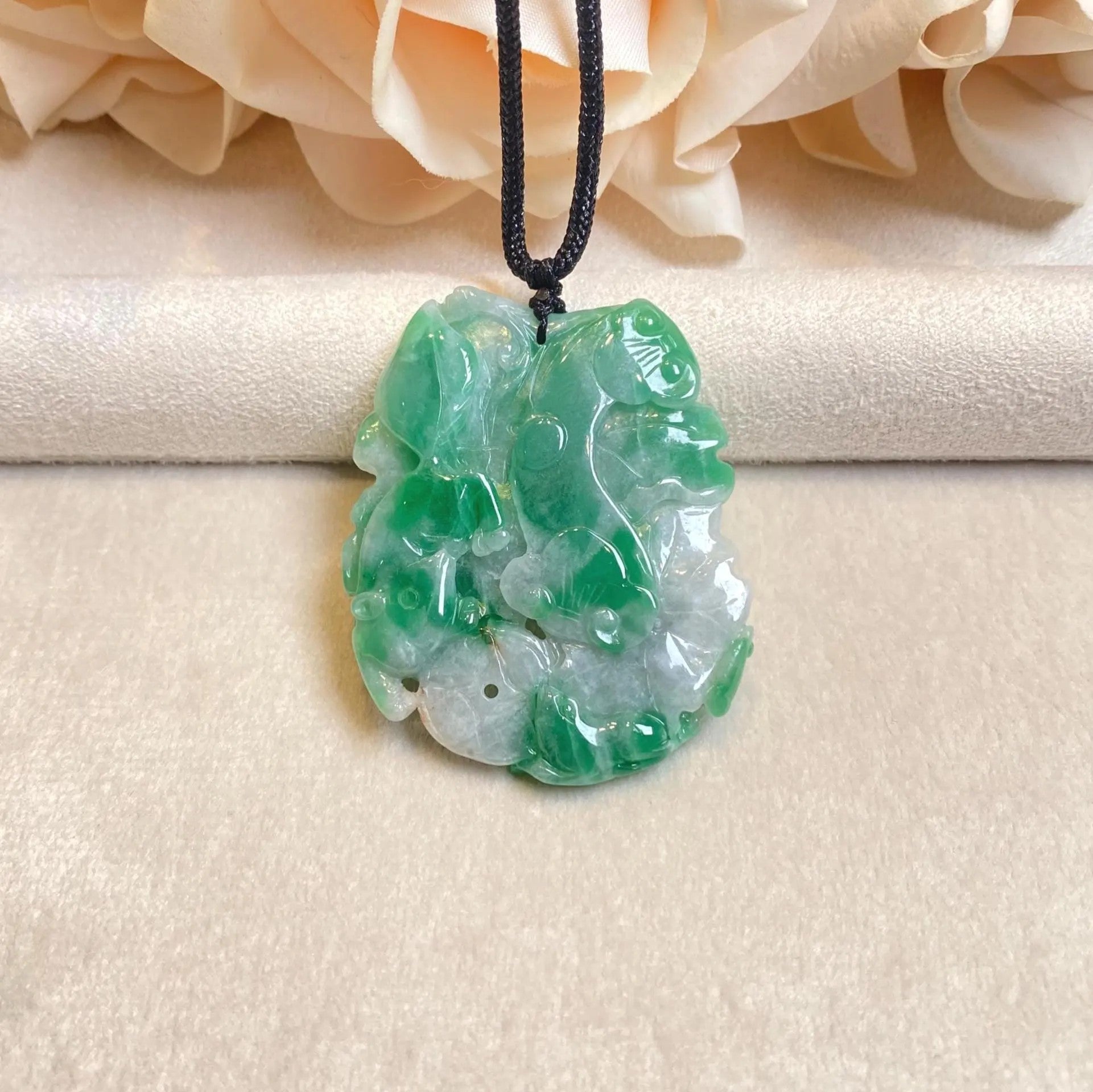 Natural Green Jadeite Pendant - Carved Lotus Leaf with Ruyi