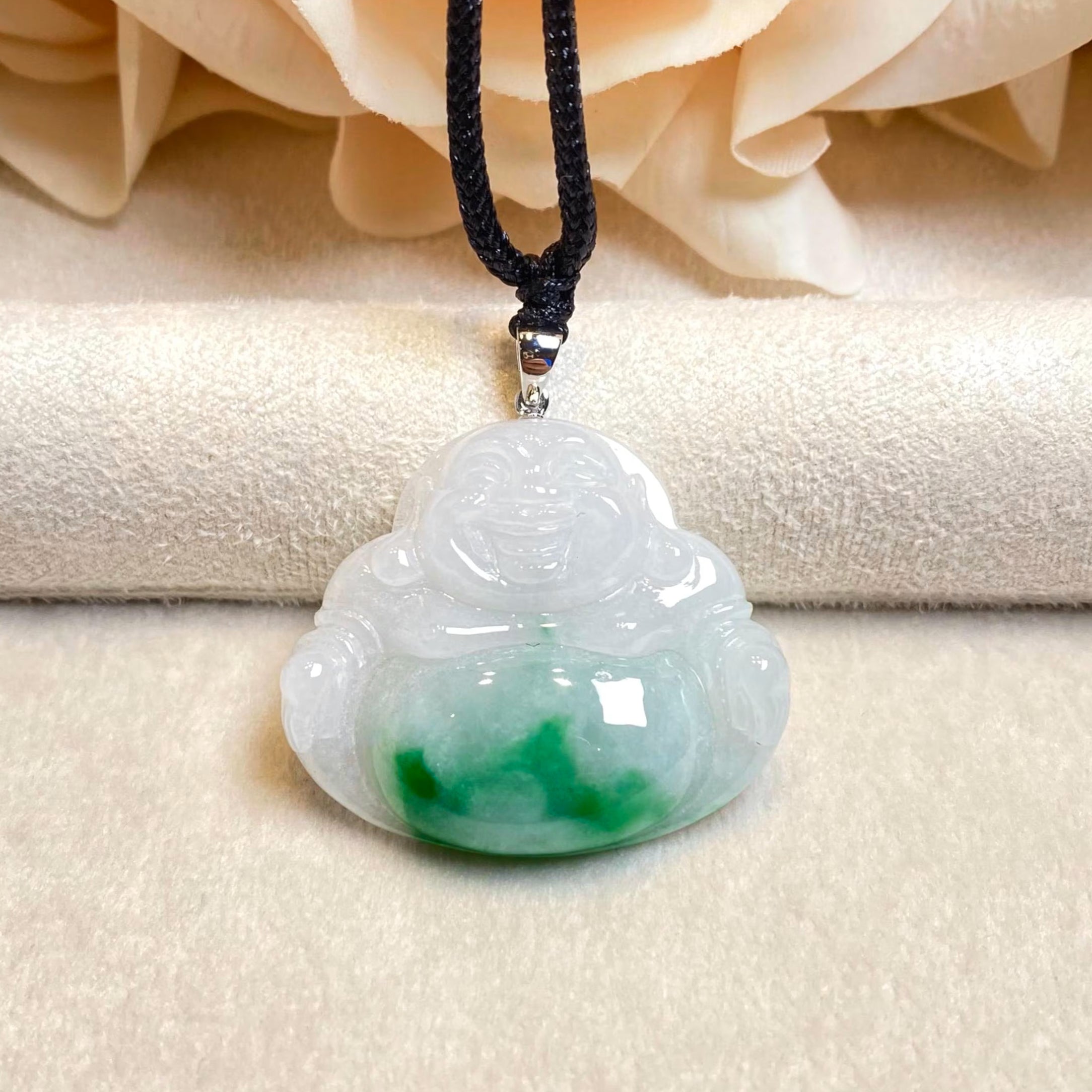 Green Jade Buddha Pendant with 18k Gold Bail - Symbol of Peace and Serenity