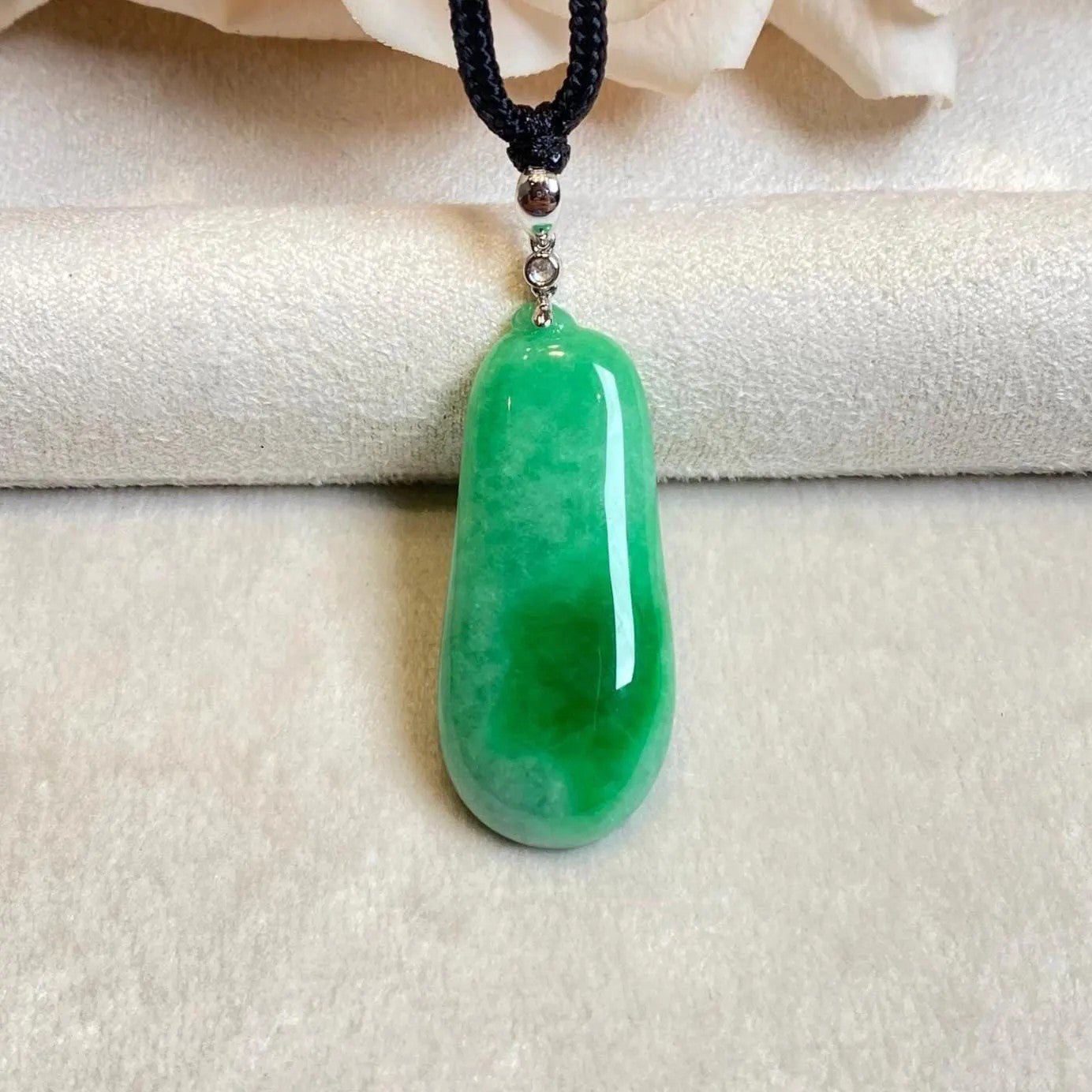 Handcrafted Pepper Shape Jade Pendant Necklace - 18k White Gold Bail & Diamond