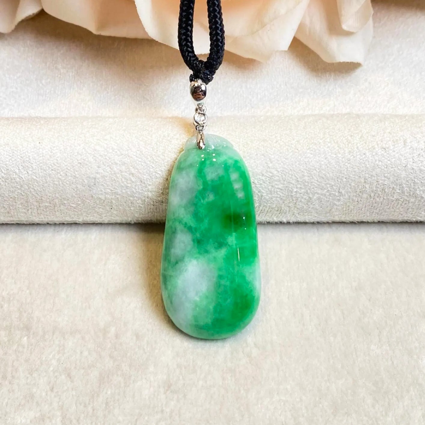 Handcrafted Melon Shape Jade Pendant Necklace - 18k White Gold Bail & Diamond