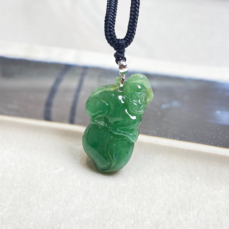 Gransky Jewellery Beautiful Green Jade Monkey on Peach Pendant in 18k White Gold