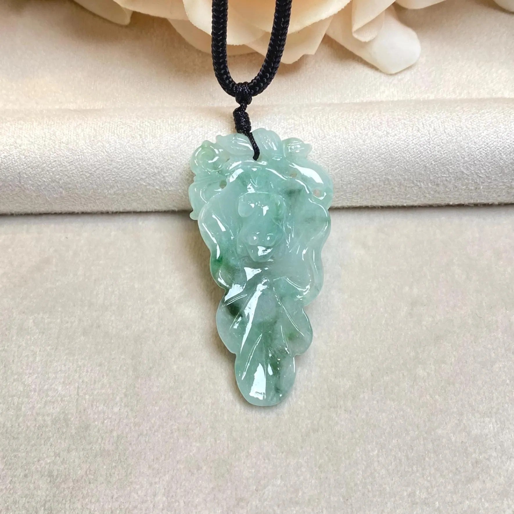 Natural Green Carved Lotus Jadeite Pendant