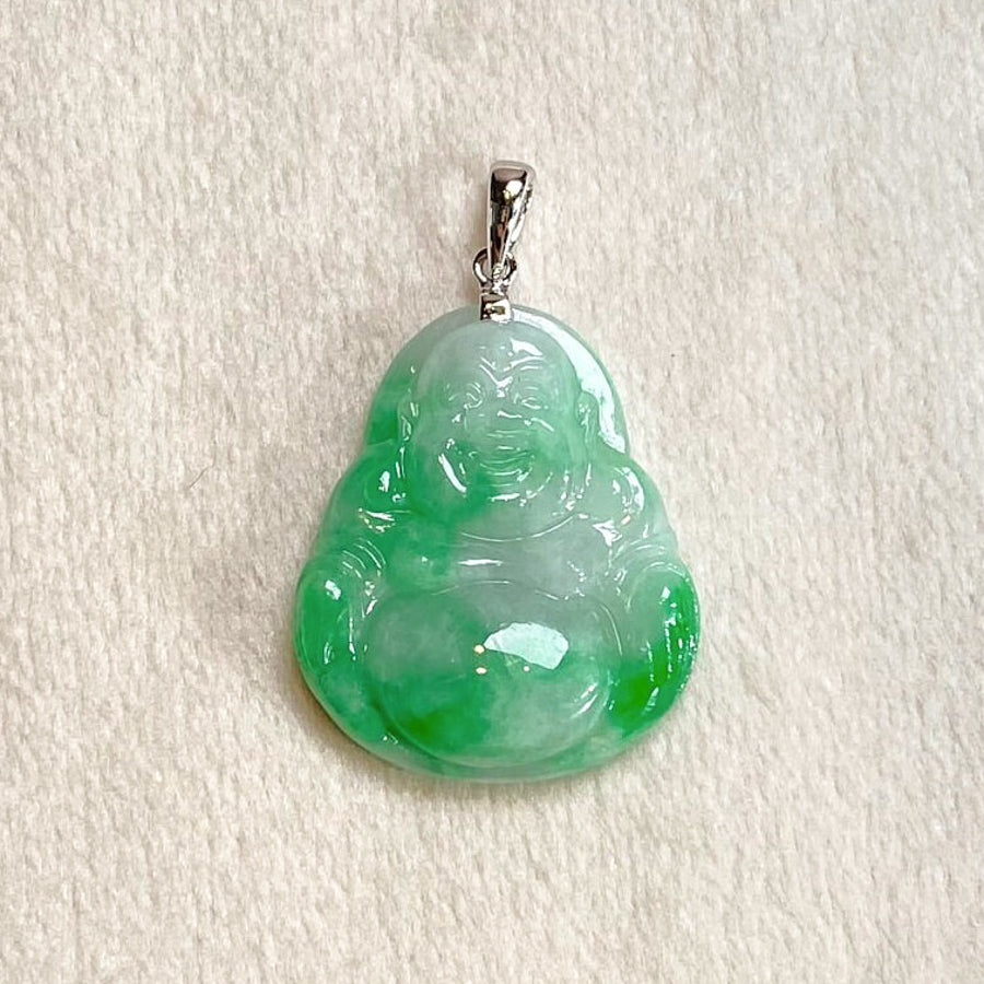 Green Jade Buddha Pendant with 18k Gold Bail - Symbol of Peace and Serenity