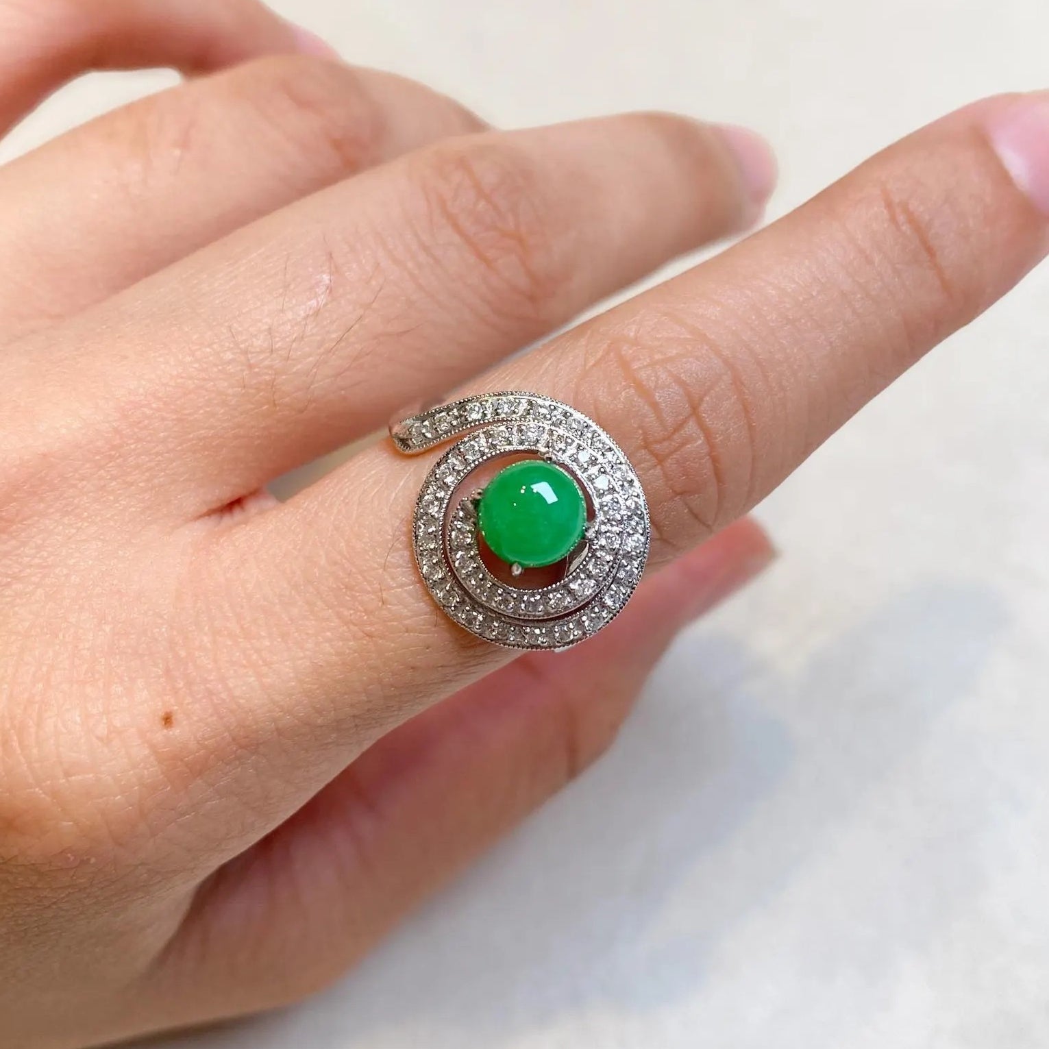 Gransky 18K White Gold Apple Green Jadeite Diamonds Ring
