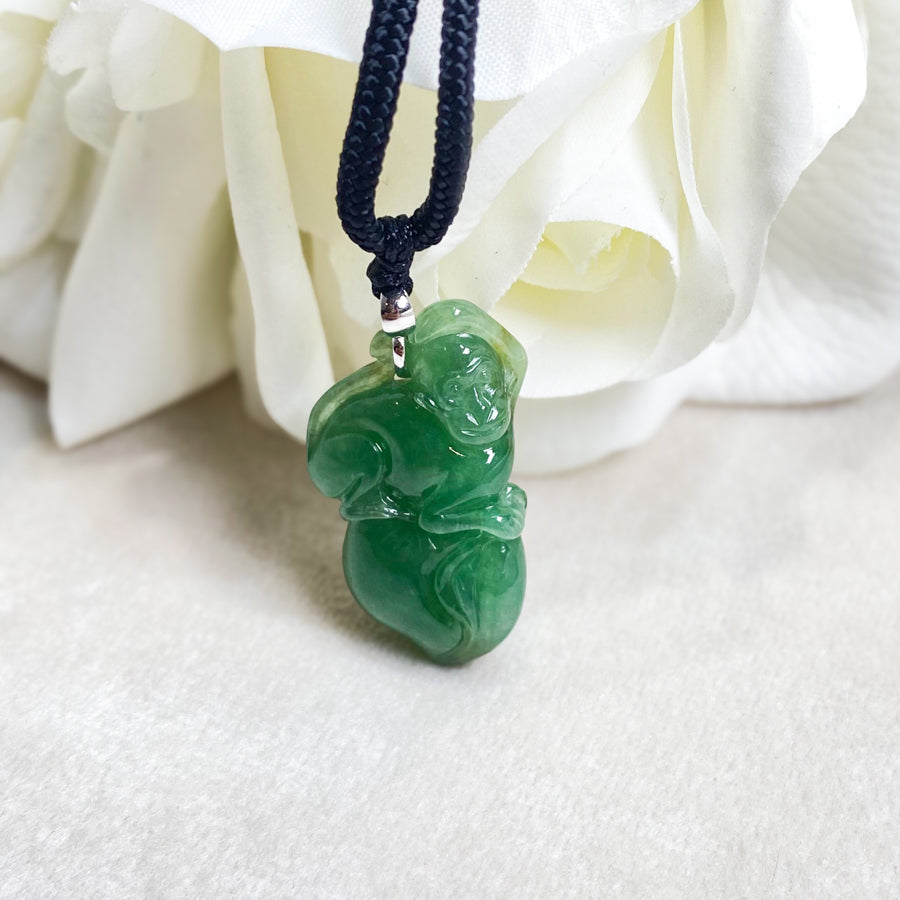 Gransky Jewellery Beautiful Green Jade Monkey on Peach Pendant in 18k White Gold