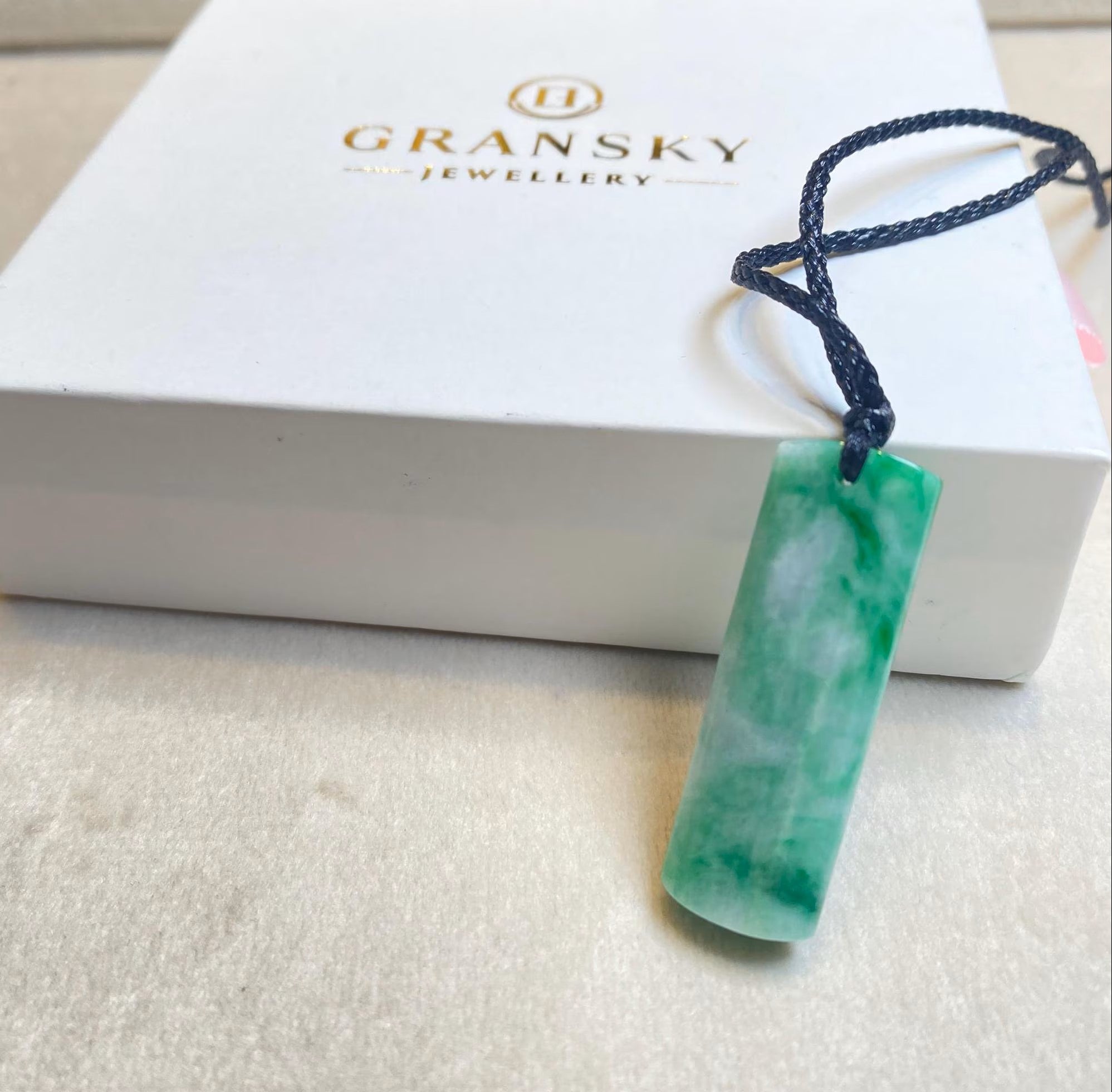 Genuine Green Jade Rod Pendant – Natural Untreated Burmese Jadeite on Black Adjustable String
