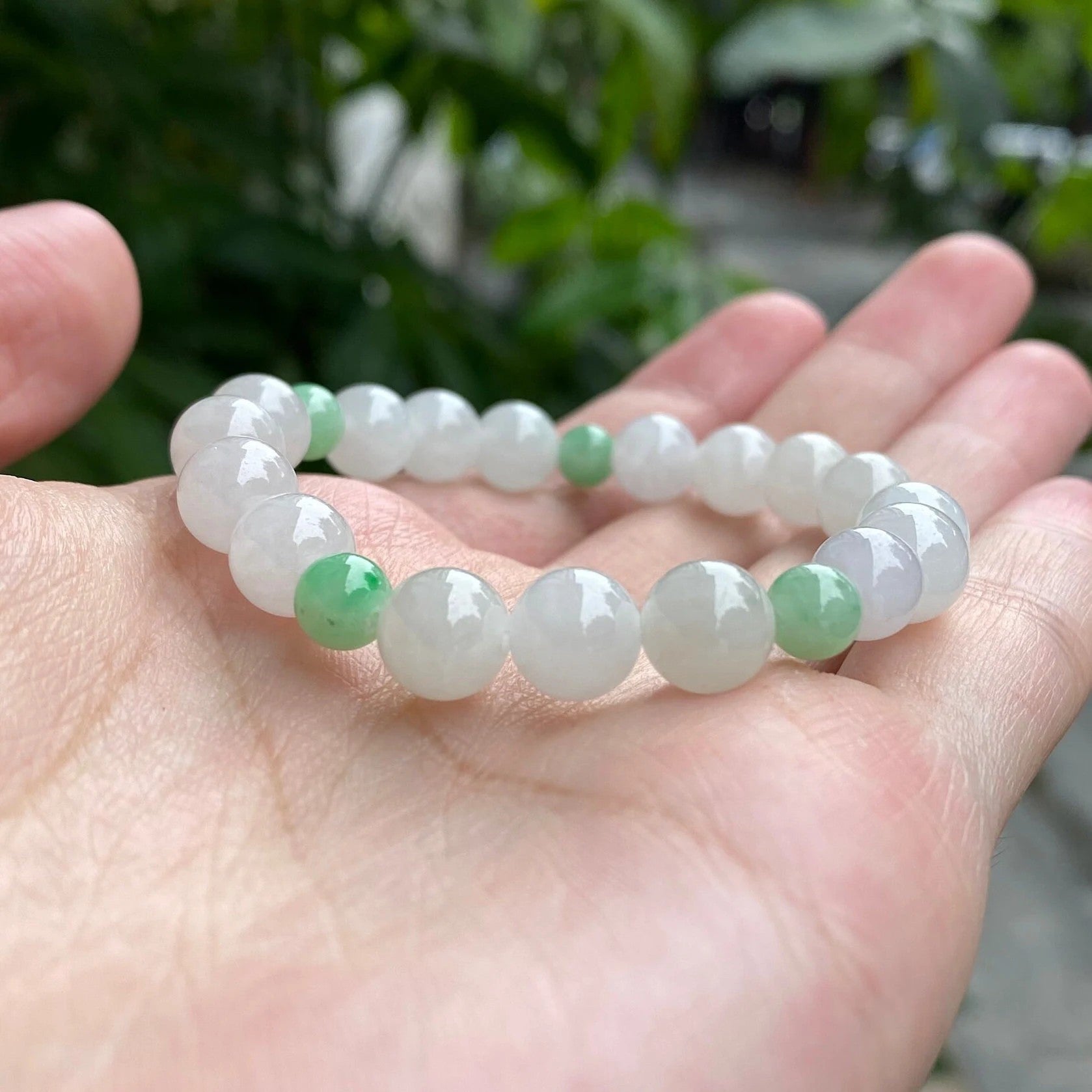 Green and White Jade Beaded Bracelet Natural Type A Burmese Jade