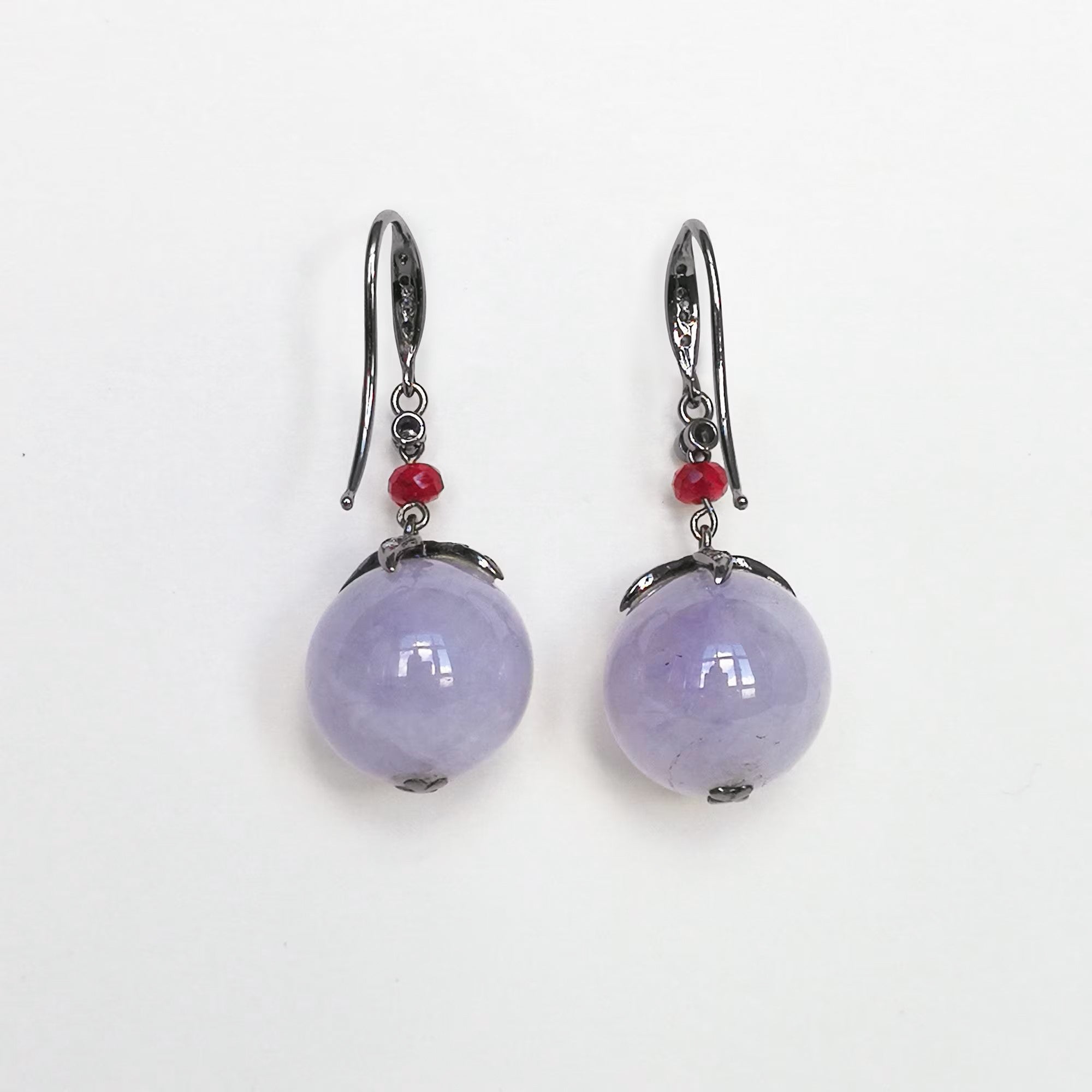Gransky 18K Gold Lavender Jade Jewelry Purple Jade Bead Earrings with Rubies