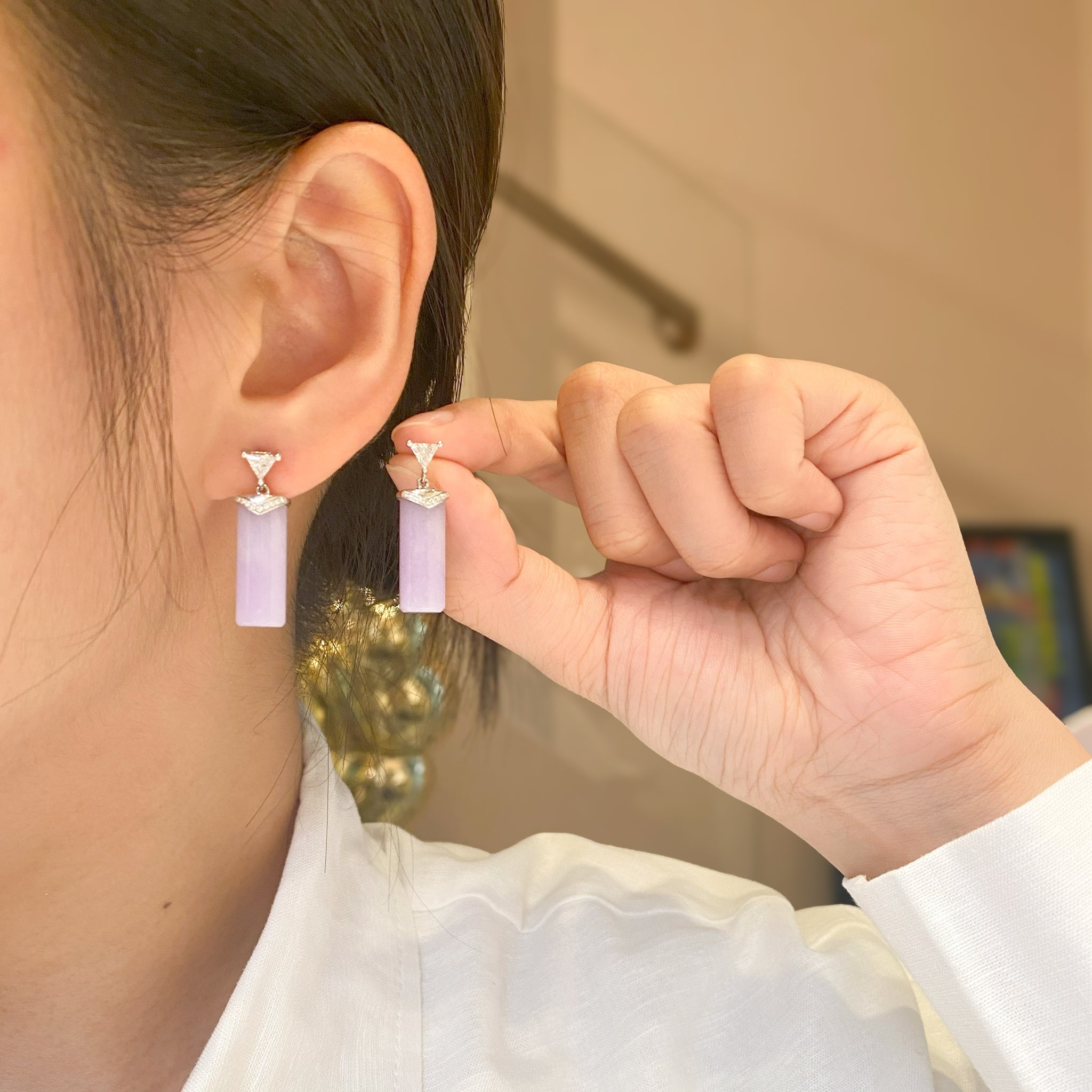 Gransky 18K White Gold Dainty Purple Jade Dangle Earrings
