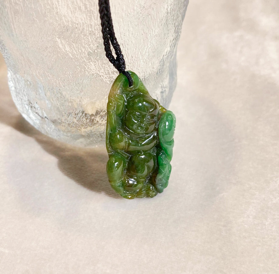 Handcrafted Tri-Color Jade Happy Monk Pendant with Lotus Leaf