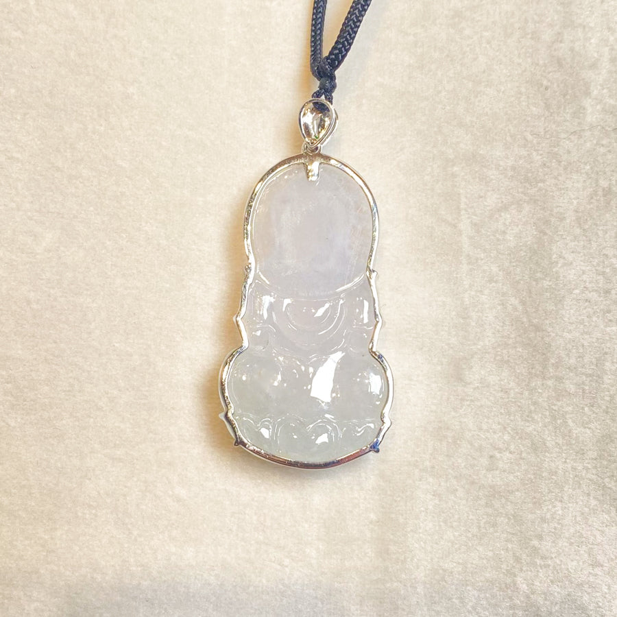 Gransky Handcrafted White Jadeite Guanyin Pendant Necklace in 18K White Gold with Diamonds