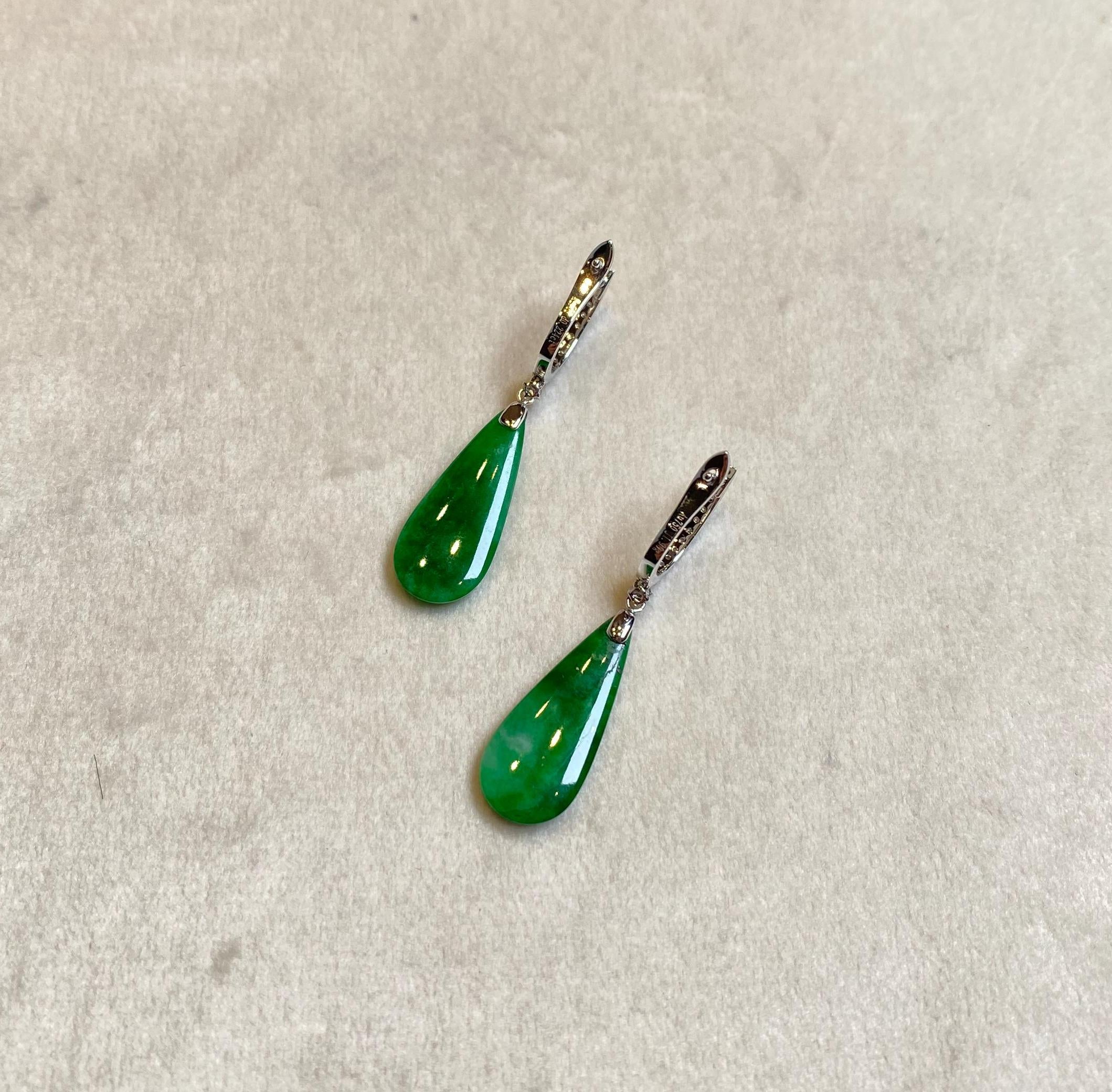 Gransky 18K White Gold and Diamonds Green Jade Teardrop Earrings