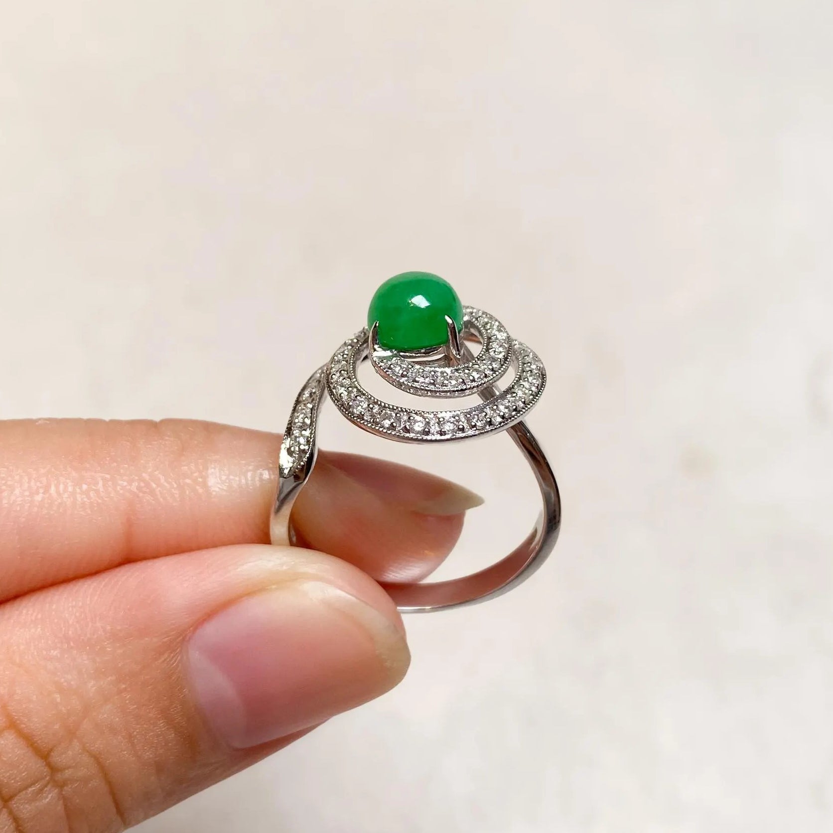 Gransky 18K White Gold Apple Green Jadeite Diamonds Ring