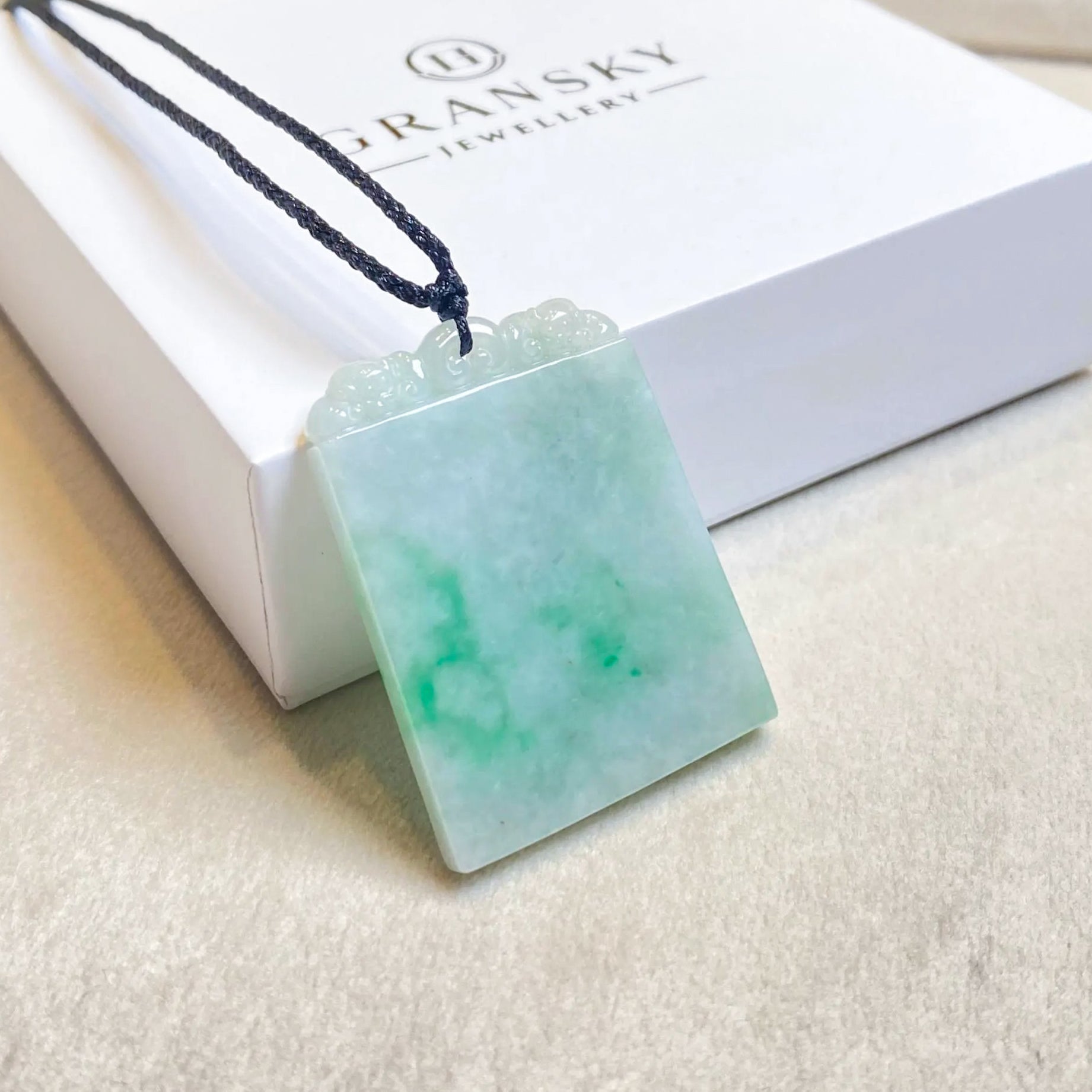 Gransky Handmade Smooth Green Carved Jade Block Pendant