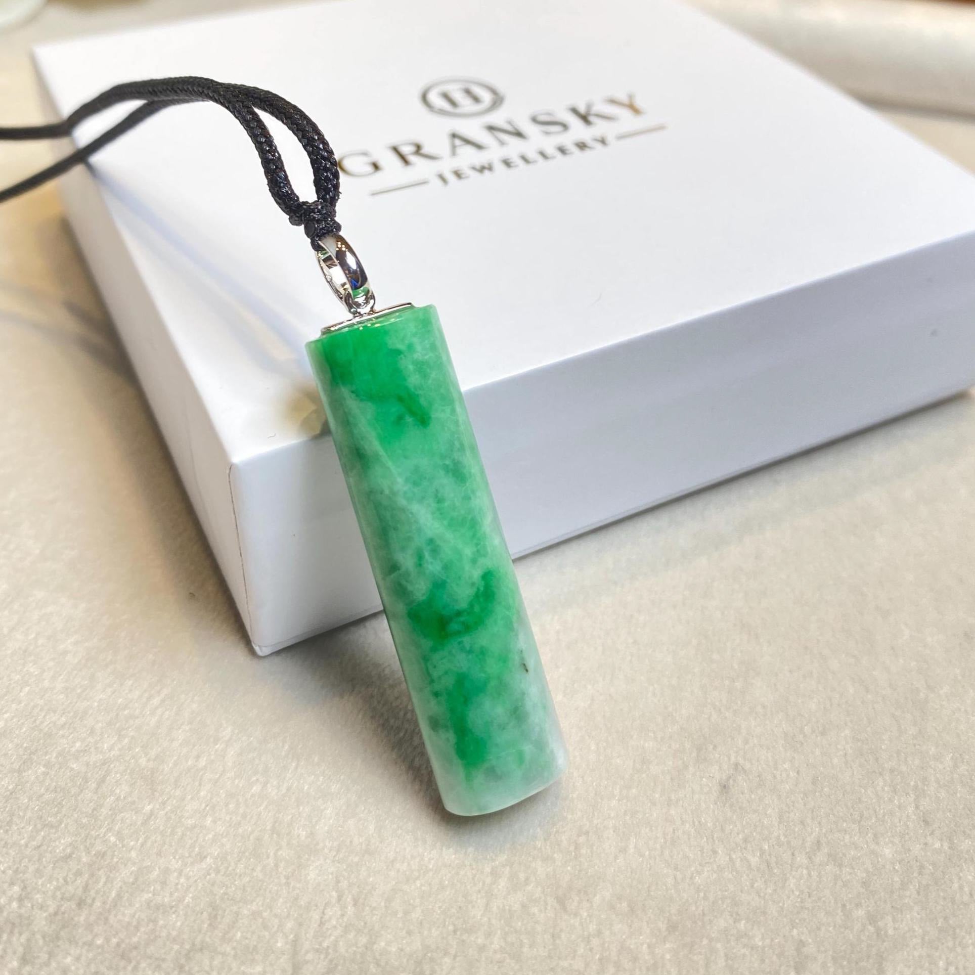 Genuine Green Jade Rod Pendant 18k White Gold Bail – Natural Untreated Burmese Jadeite