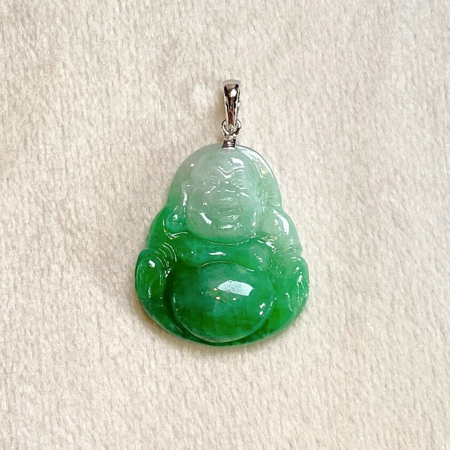 Green Jade Buddha Pendant with 18k Gold Bail - Symbol of Peace and Serenity