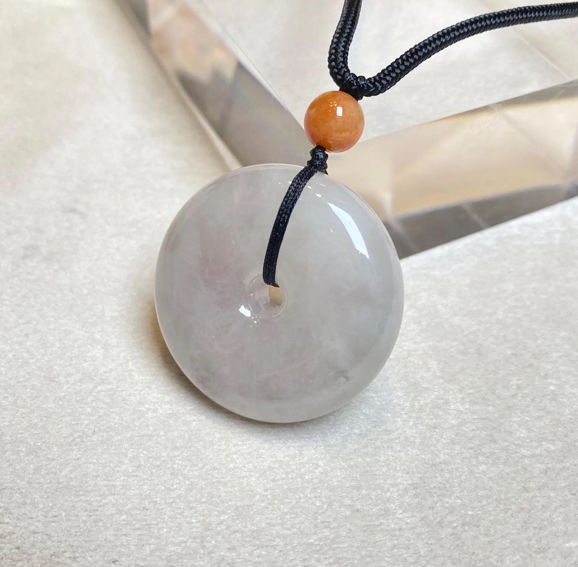 Handcrafted Ruyi Jade Pendant - Icy White Burmese Jadeite with Brown Bead