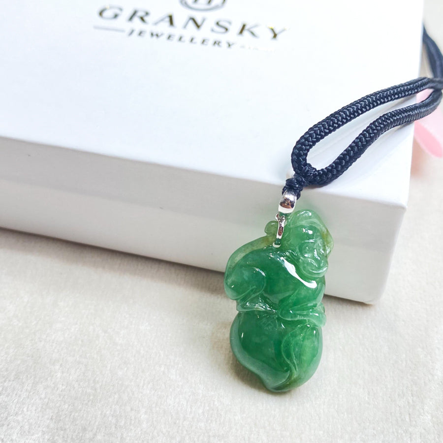 Gransky Jewellery Beautiful Green Jade Monkey on Peach Pendant in 18k White Gold