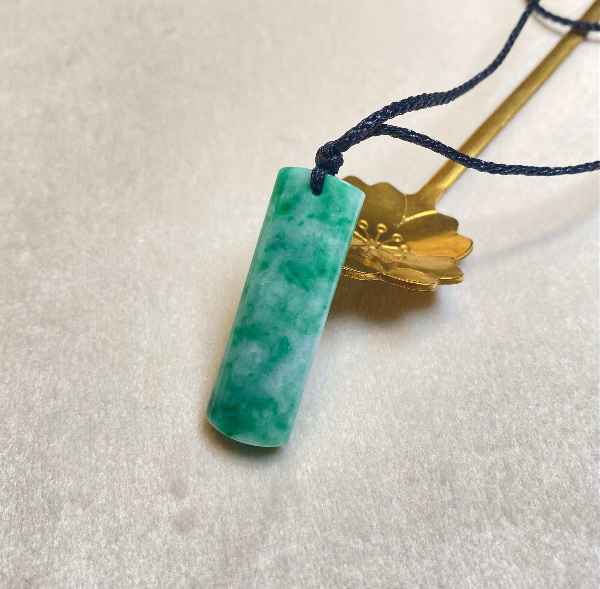 Genuine Green Jade Rod Pendant – Natural Untreated Burmese Jadeite on Black Adjustable String