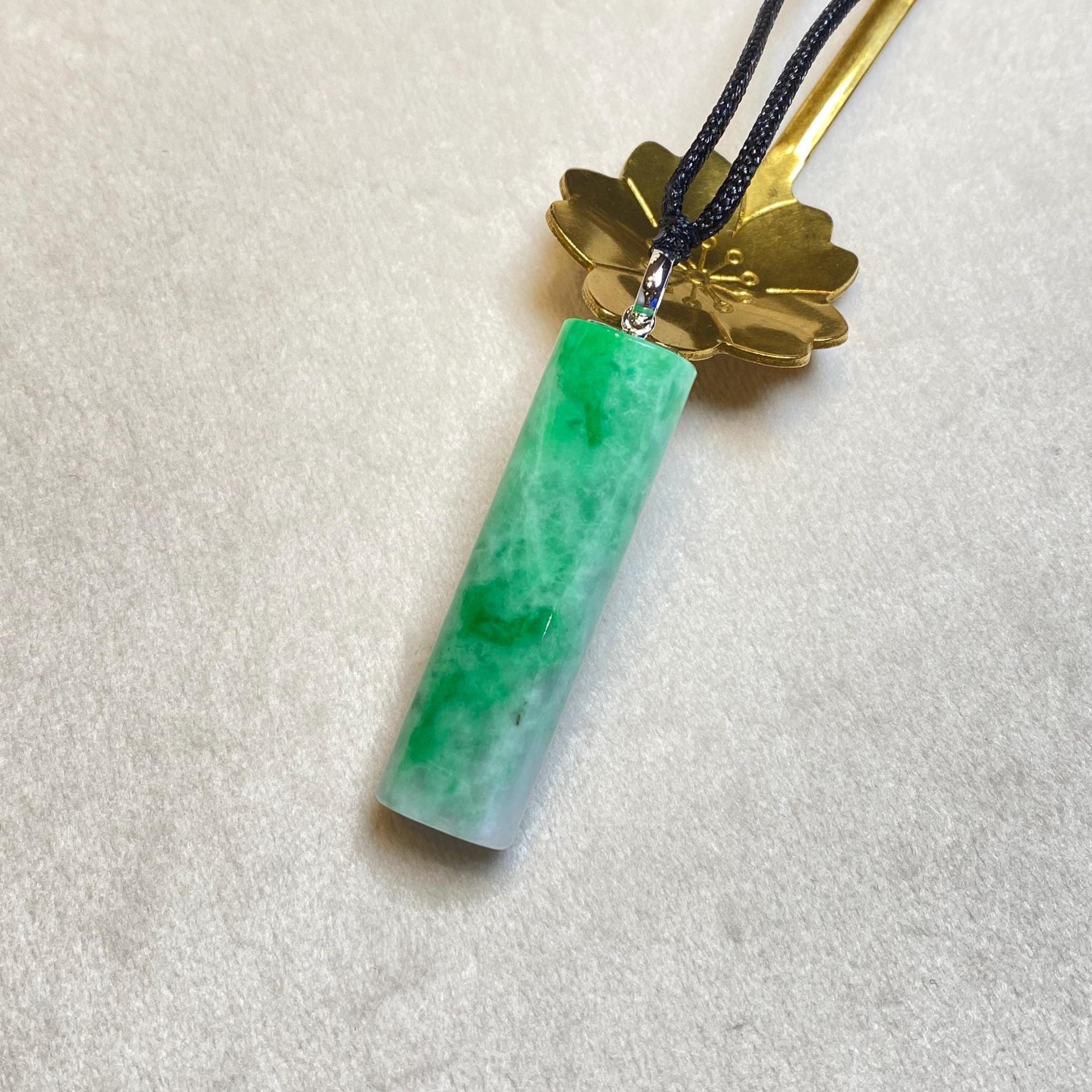 Genuine Green Jade Rod Pendant 18k White Gold Bail – Natural Untreated Burmese Jadeite