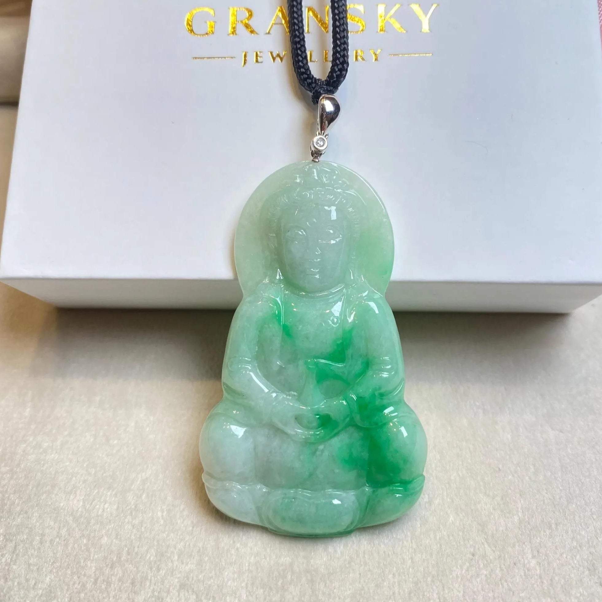 Gransky Handmade GuanYin Apple Green Jade Pendant 18k White Gold and Diamond