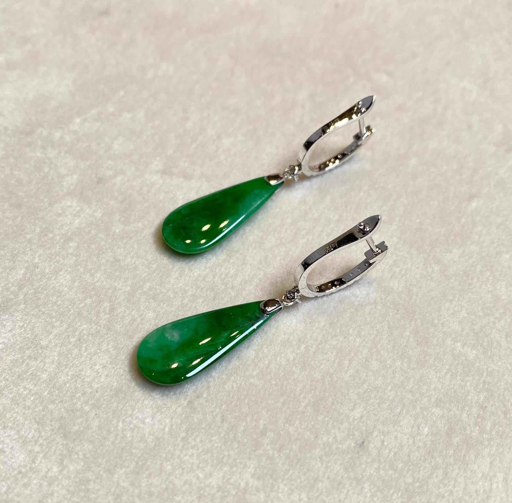 Gransky 18K White Gold and Diamonds Green Jade Teardrop Earrings