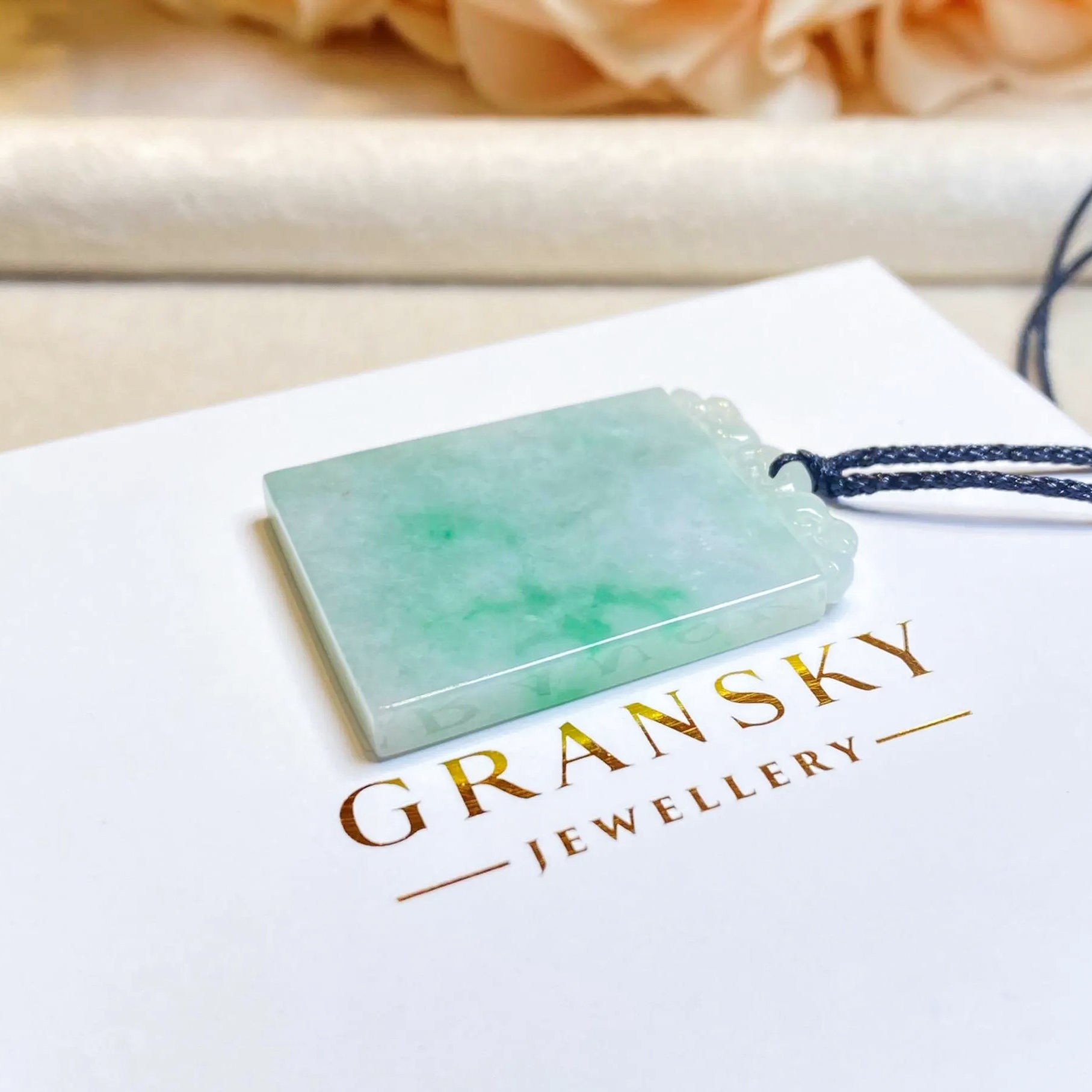 Gransky Handmade Smooth Green Carved Jade Block Pendant