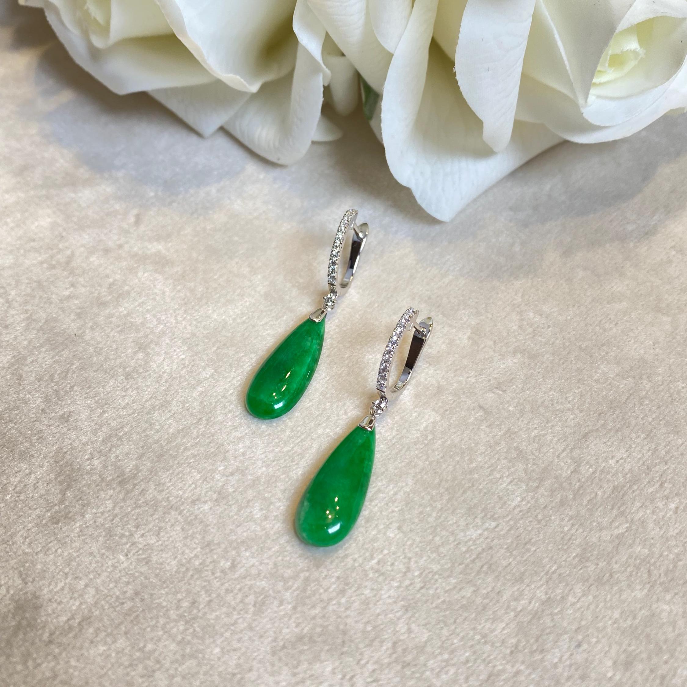 Green Jade Pear Shape Dangle Earrings - 18K White Gold and Diamonds