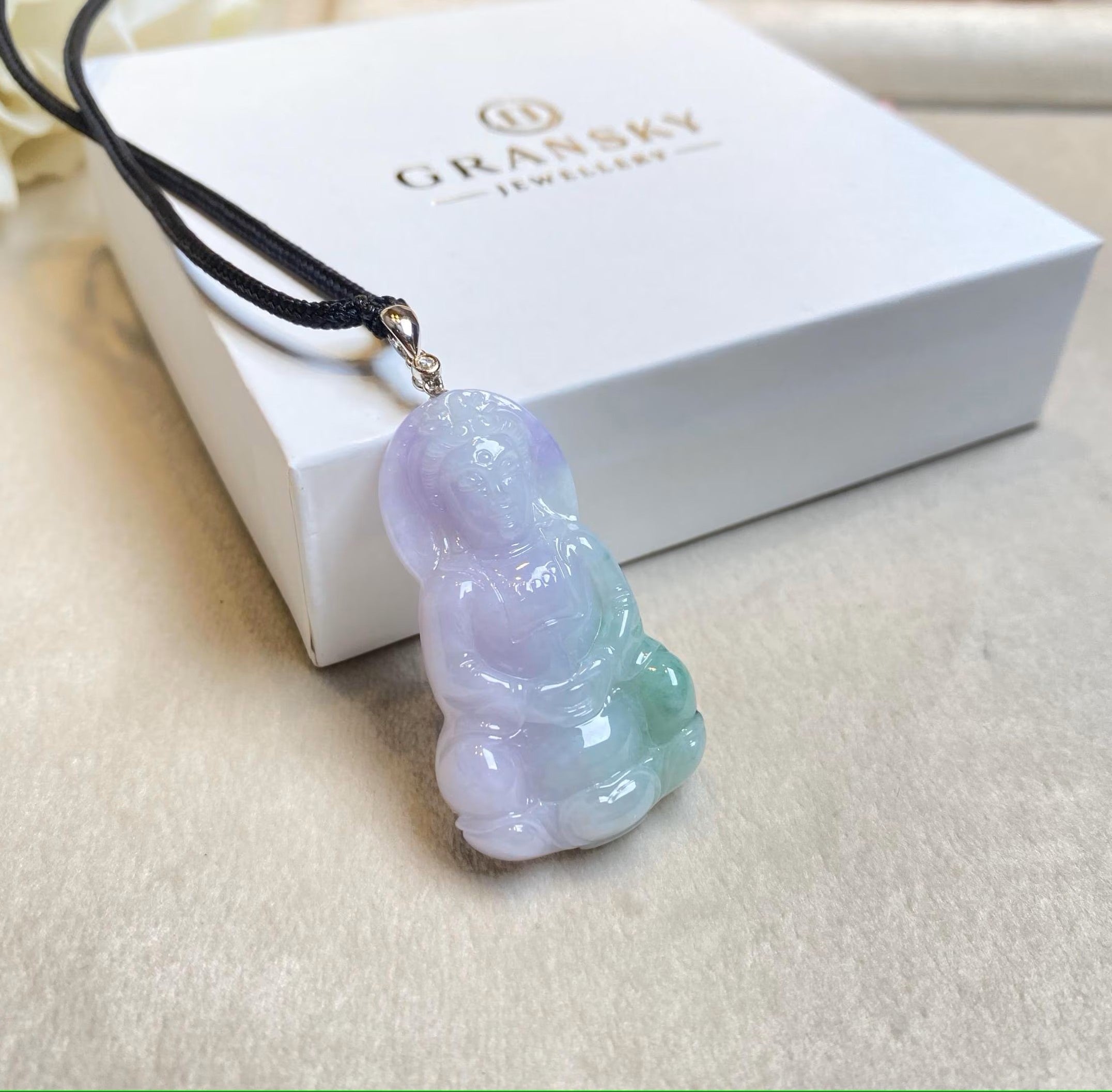 Gransky Handmade GuanYin (Kwan yin) Green and Purple Jade Pendant 18k White Gold Bail