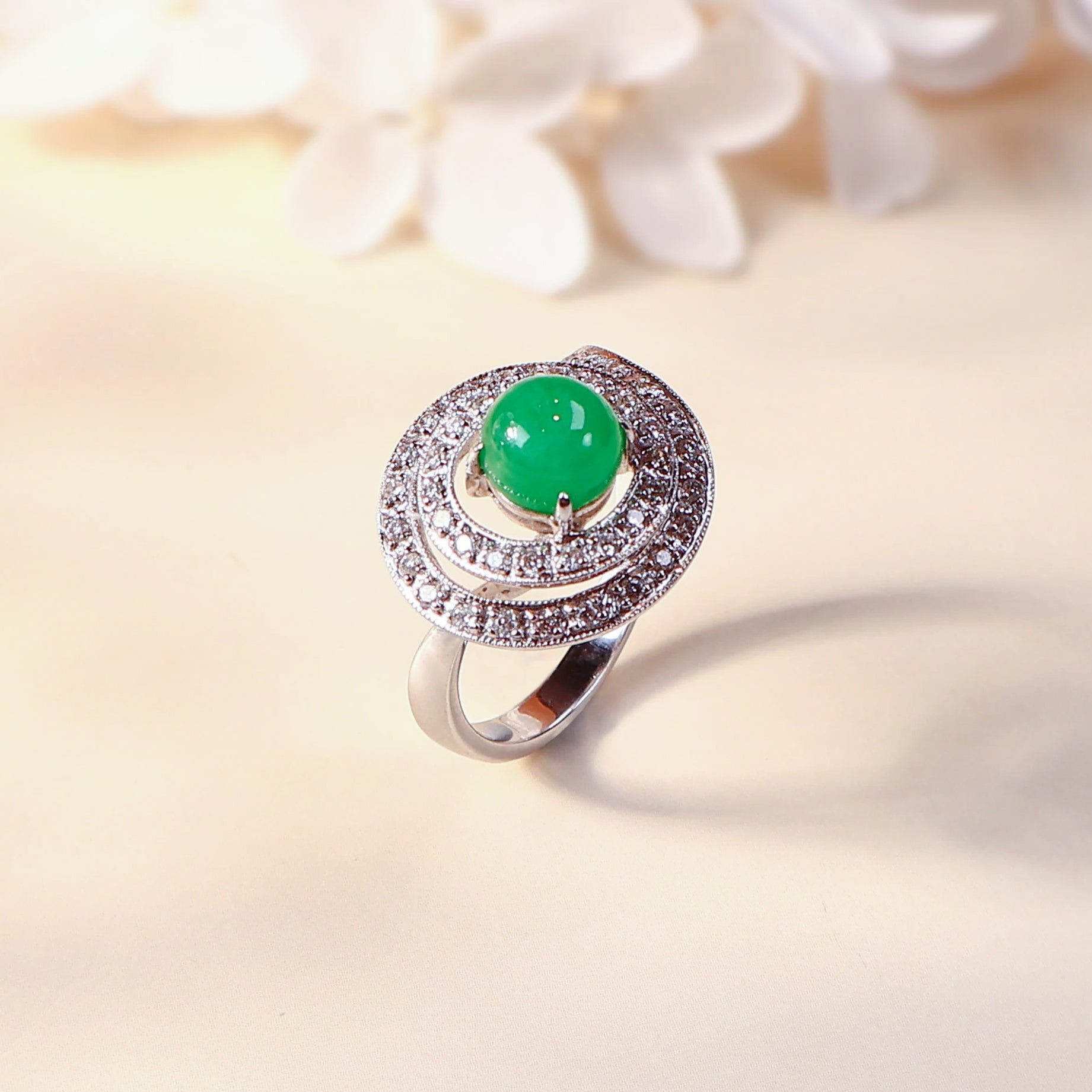 Gransky 18K White Gold Apple Green Jadeite Diamonds Ring