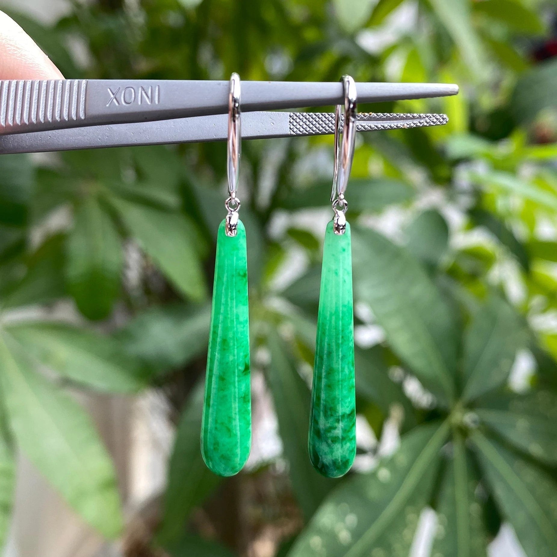 Gransky 18K White Gold and Diamonds Green Jade Drop Earrings