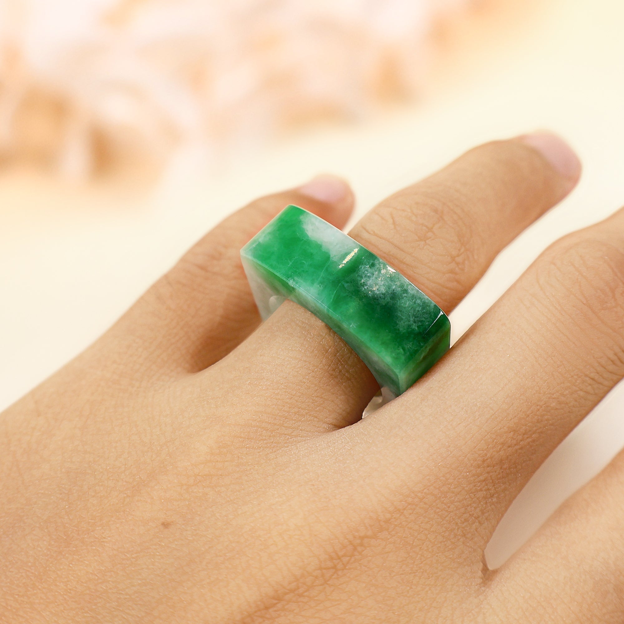 Gransky Natural Type A Intense Green Flat Top Jade Ring US 8.5