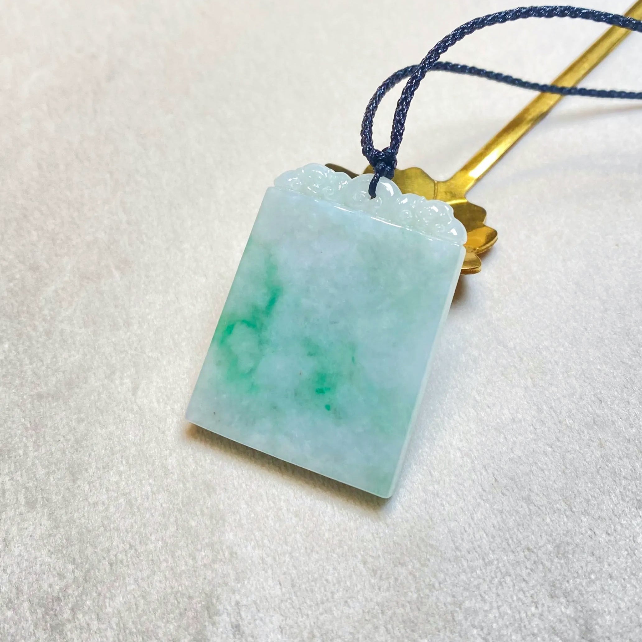 Gransky Handmade Smooth Green Carved Jade Block Pendant