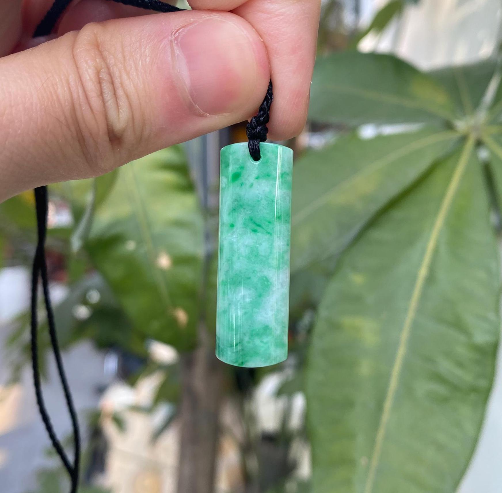 Genuine Green Jade Rod Pendant – Natural Untreated Burmese Jadeite on Black Adjustable String