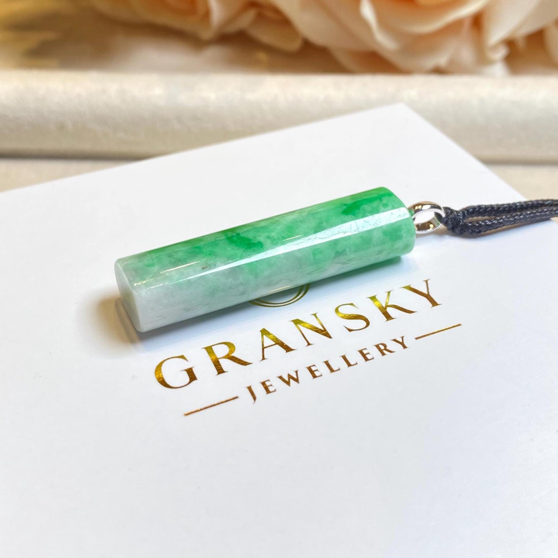 Genuine Green Jade Rod Pendant 18k White Gold Bail – Natural Untreated Burmese Jadeite