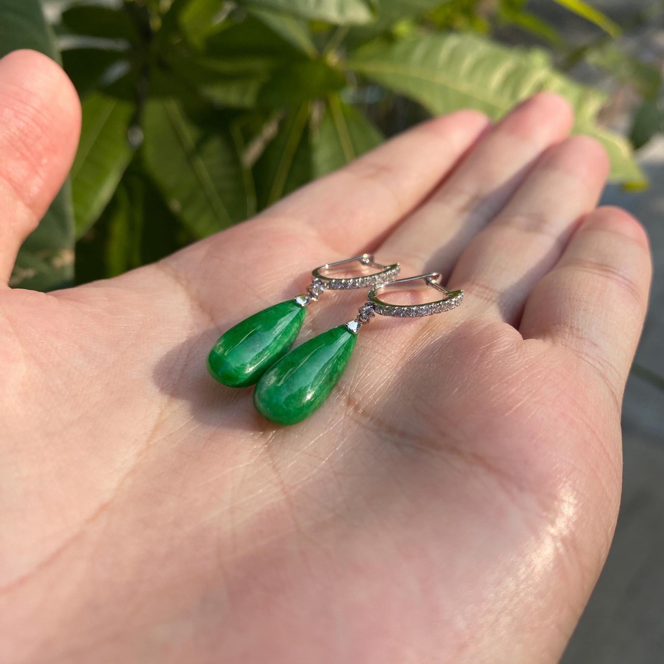 Green Jade Pear Shape Dangle Earrings - 18K White Gold and Diamonds