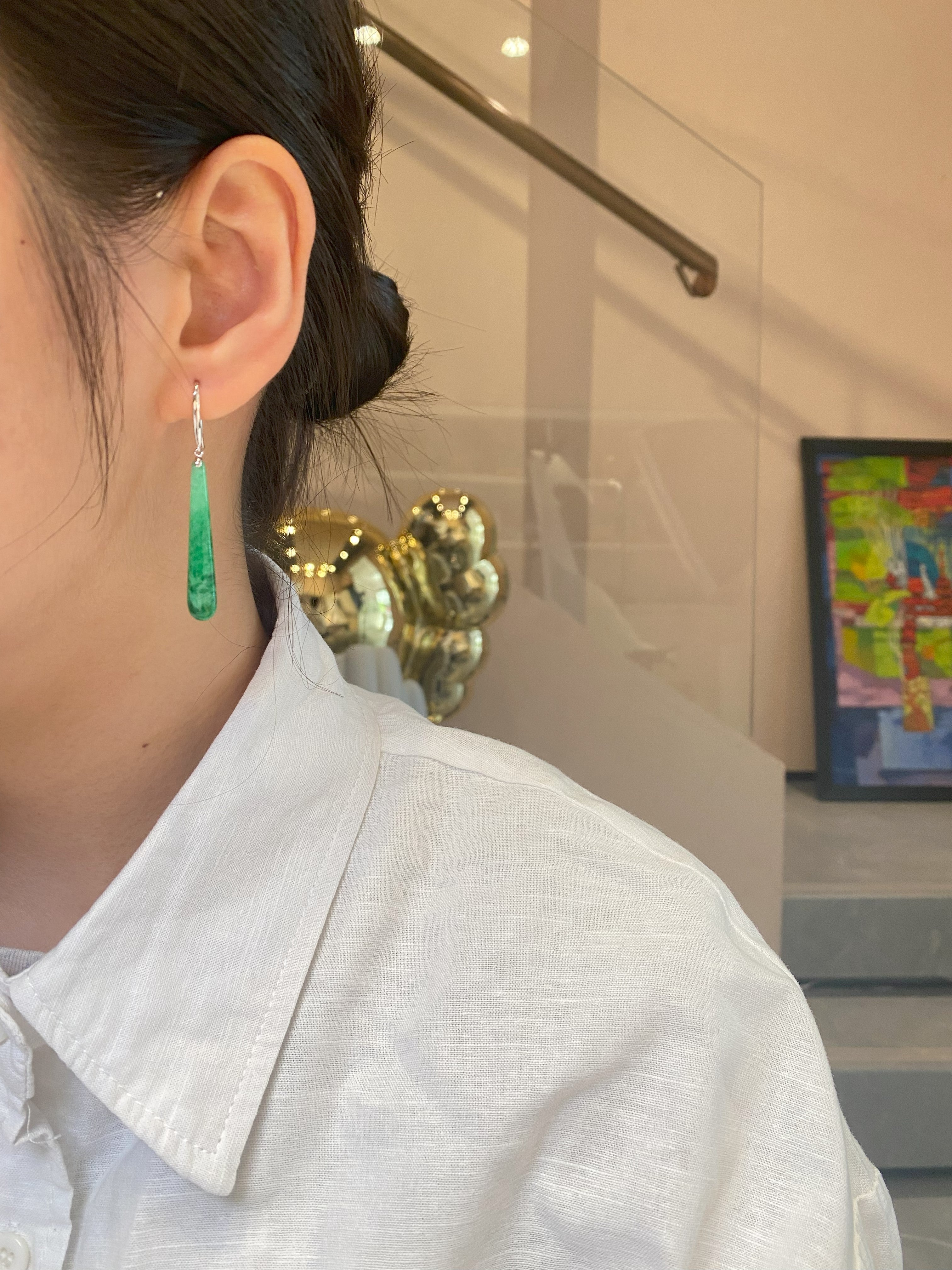 Gransky 18K White Gold and Diamonds Green Jade Drop Earrings