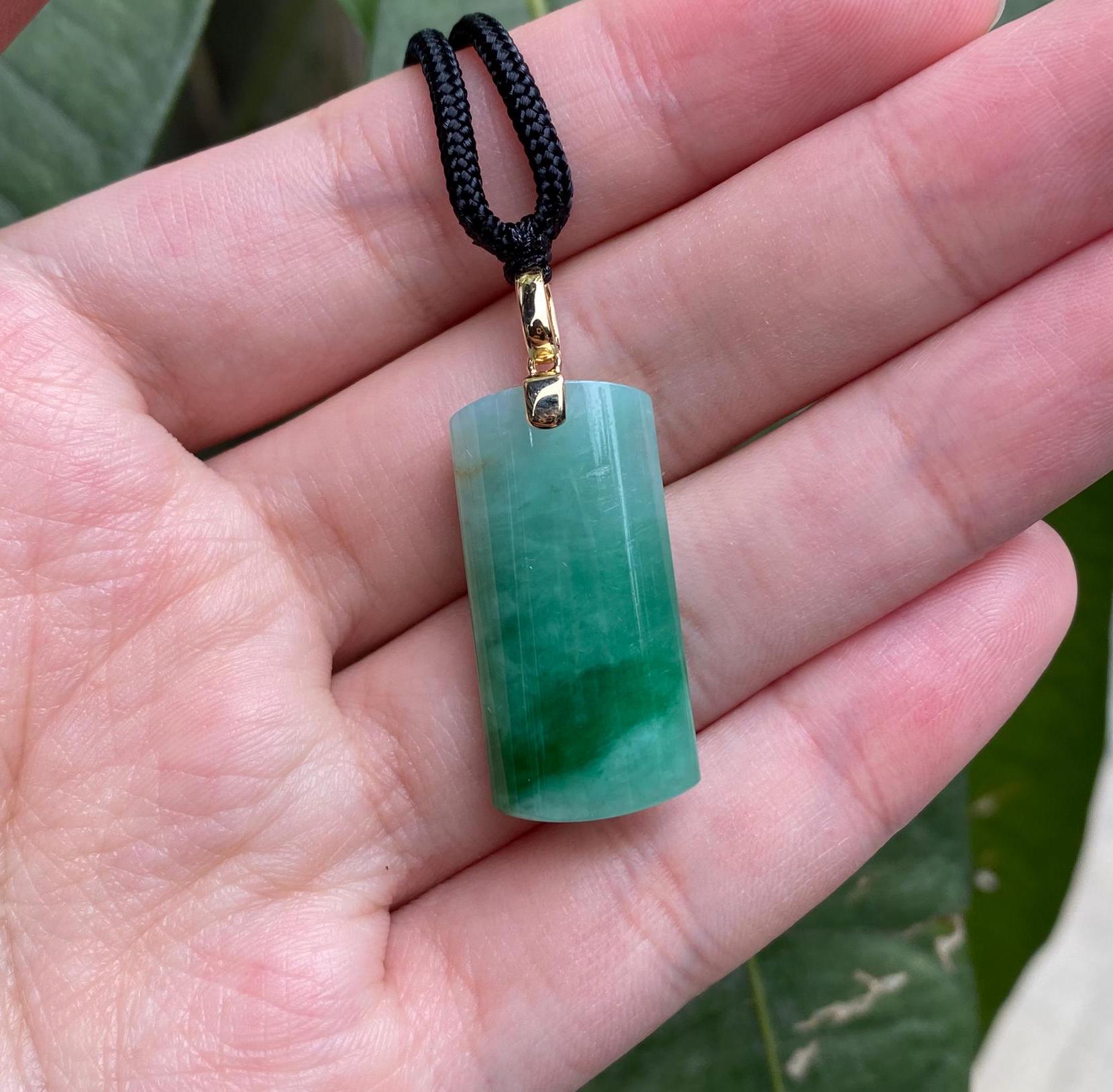Green Jade Block Pendant Necklace 18k Yellow Gold Bail - Certified Type-A Jadeite