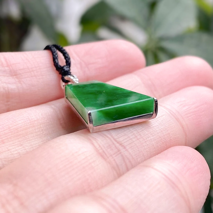 Green Jade Block Pendant in 18K White Gold with Diamonds, Genuine Burmese Jadeite