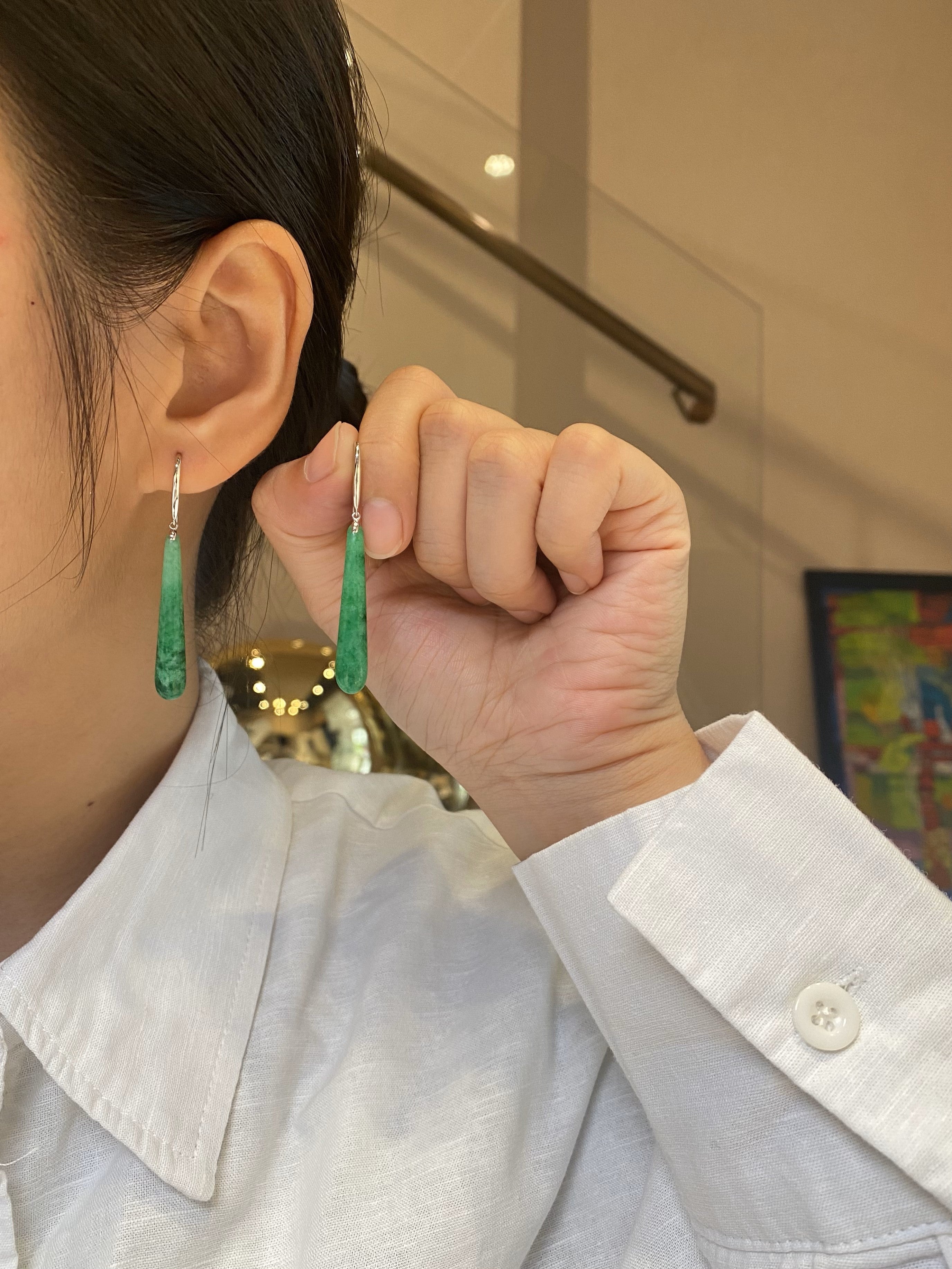Gransky 18K White Gold and Diamonds Green Jade Drop Earrings