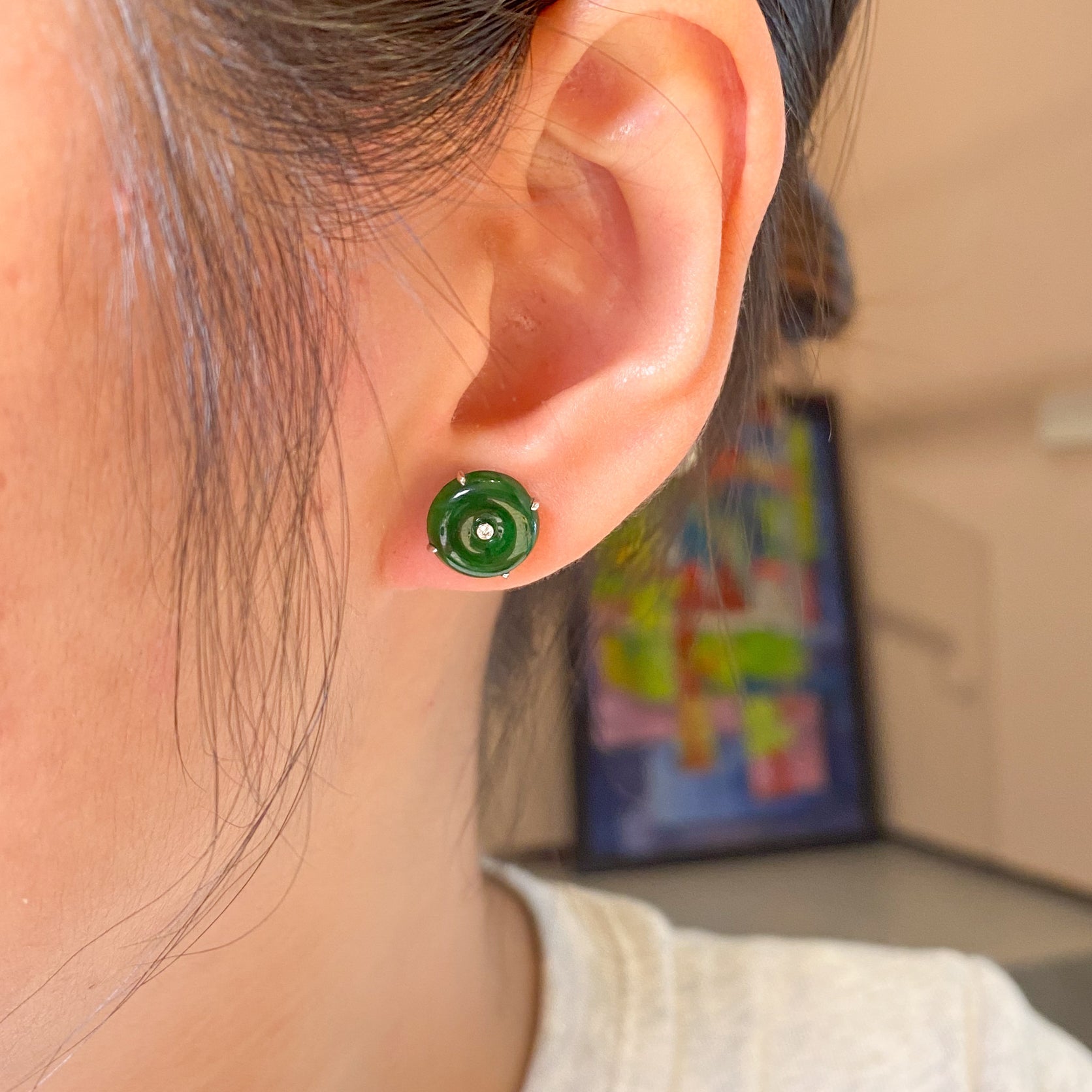 Gransky 18K White Gold Donut Green Jade Stud Earrings