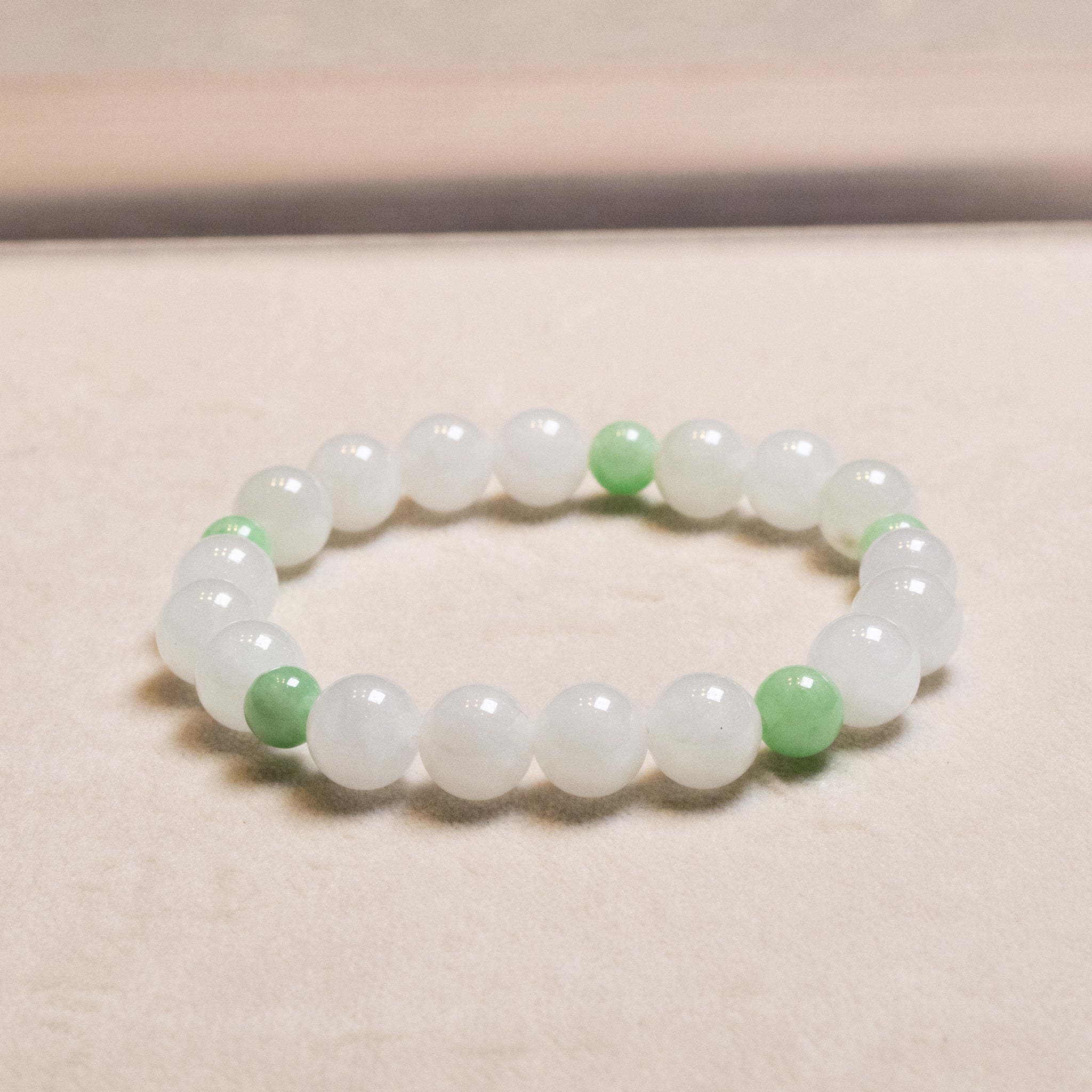 Green and White Jade Beaded Bracelet Natural Type A Burmese Jade