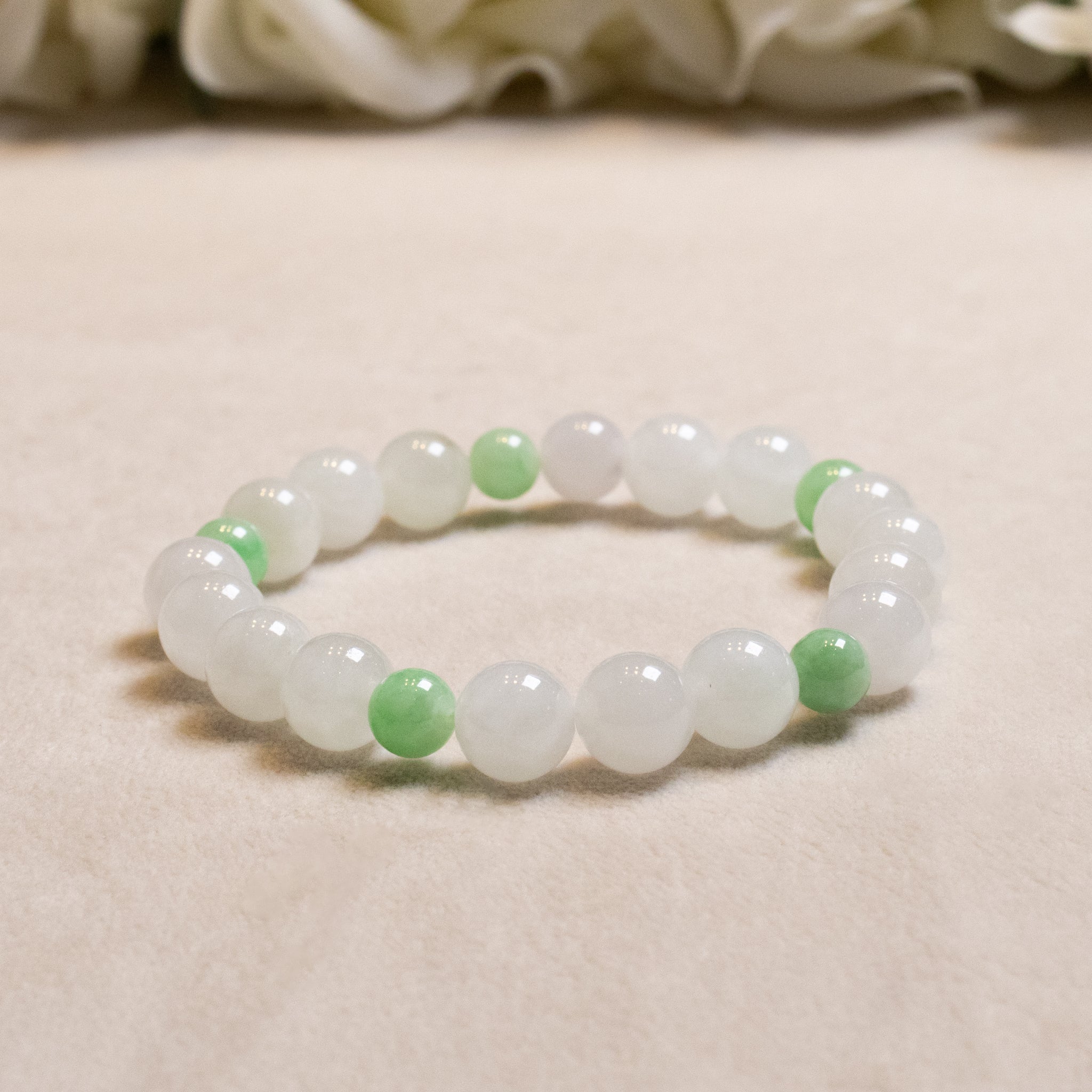 Green and White Jade Beaded Bracelet Natural Type A Burmese Jade