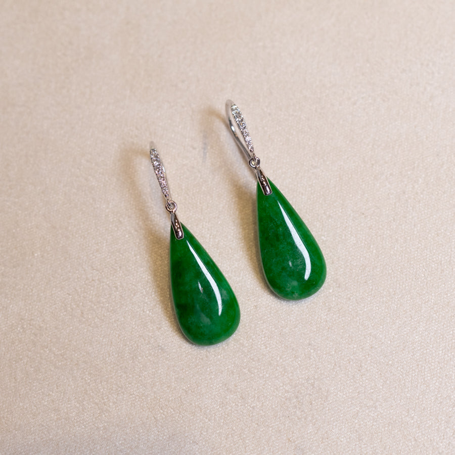 Gransky 18K White Gold and Diamonds Green Jade Drop Earrings