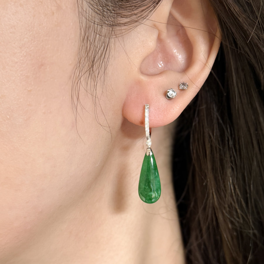 Gransky 18K White Gold and Diamonds Green Jade Drop Earrings
