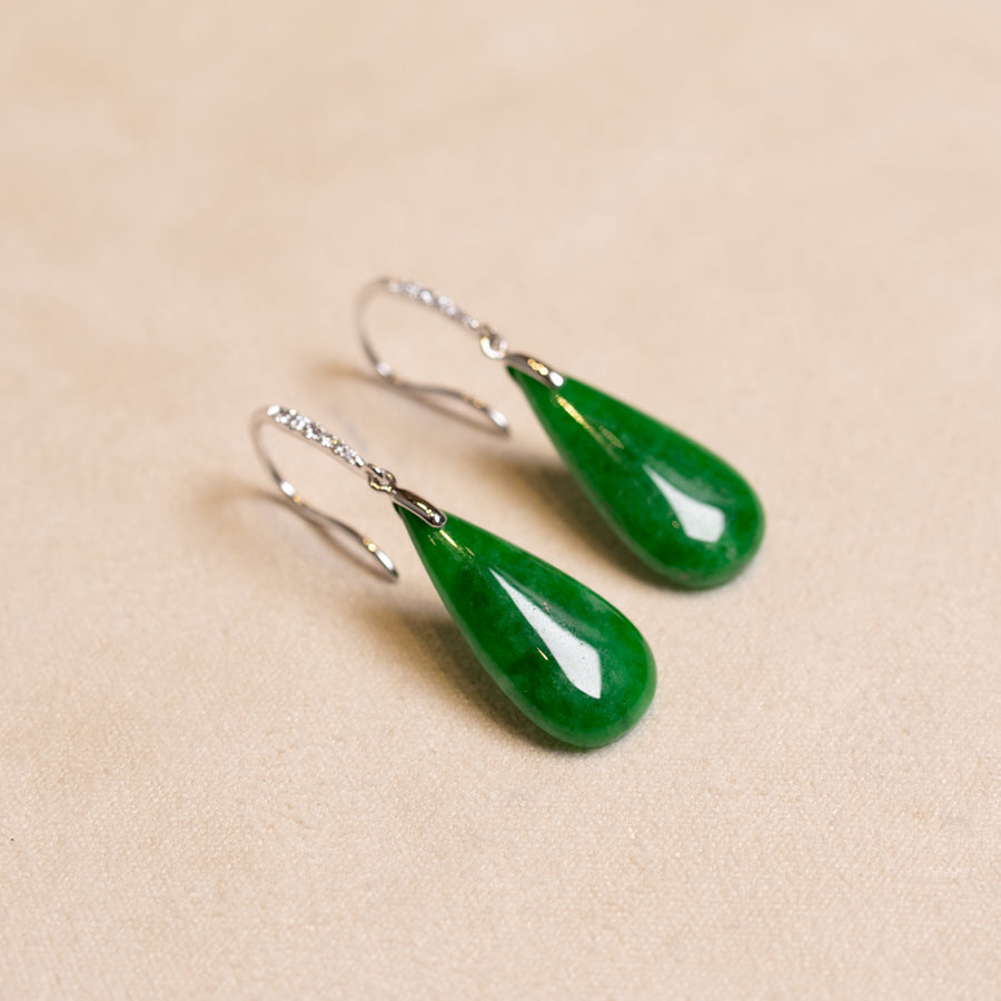 Gransky 18K White Gold and Diamonds Green Jade Drop Earrings