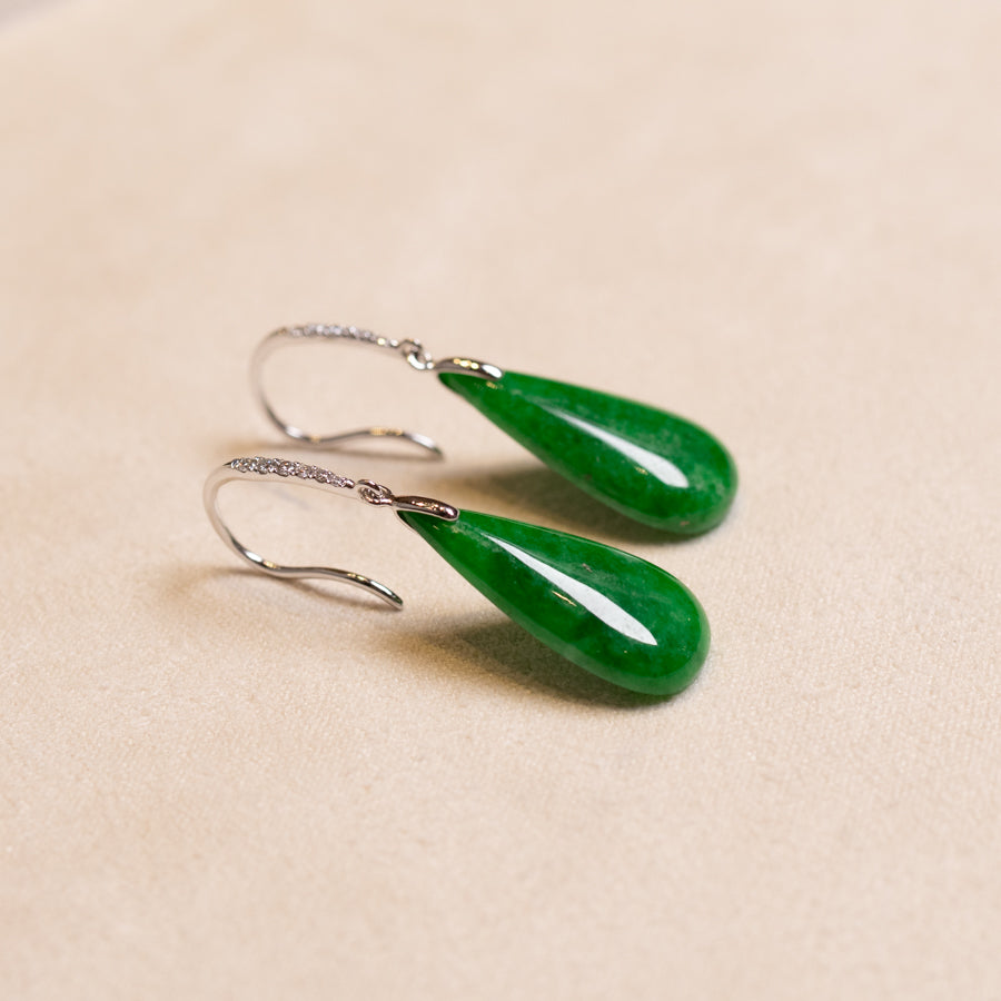 Gransky 18K White Gold and Diamonds Green Jade Drop Earrings